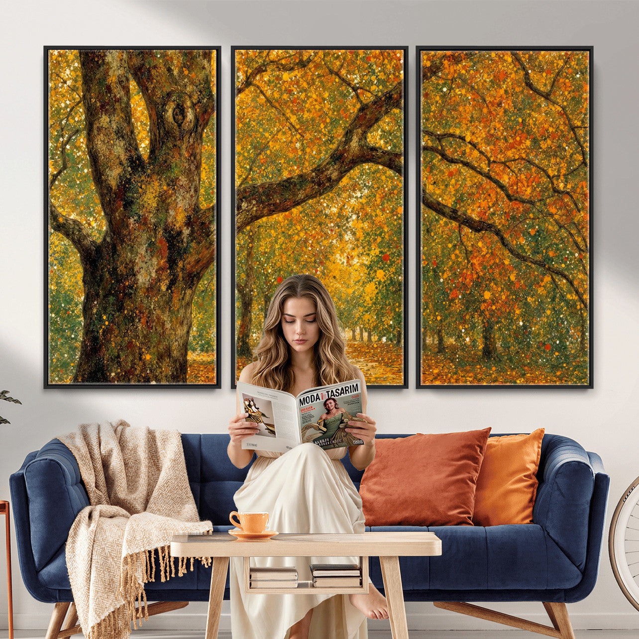 11536138-MGV-CV-36X24 - Vintage Autumn Forest Path Wall Art Canvas Print, Golden Leaves Impressionist Painting Print