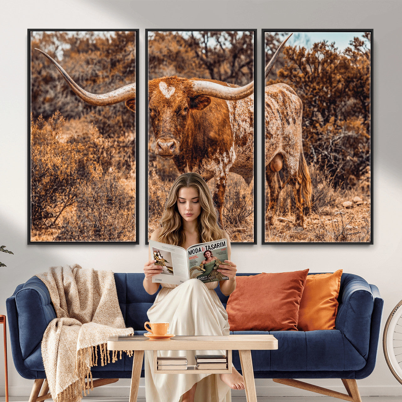 62076449-MGV-CV-36X24 - Texas Cow Bull Longhorn Print for Western Wall Art Decor for Farmhouse