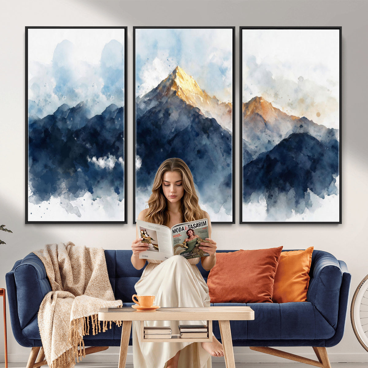 62076449DG1-MGV-CV-36X24 - Abstract Watercolor Mountain Lake Wall Art Print for Living Room Decor