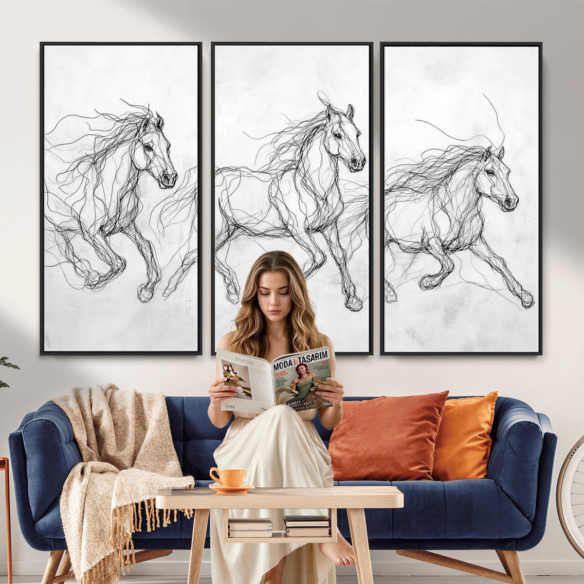 53600119-MGV-CV-36X24 - Monochrome Horse Canvas Wall Art, Black Ink Sketch Wild Horses Print, Minimalist Equestrian Artwork, Modern Abstract Line Decor, Urban Loft Gift