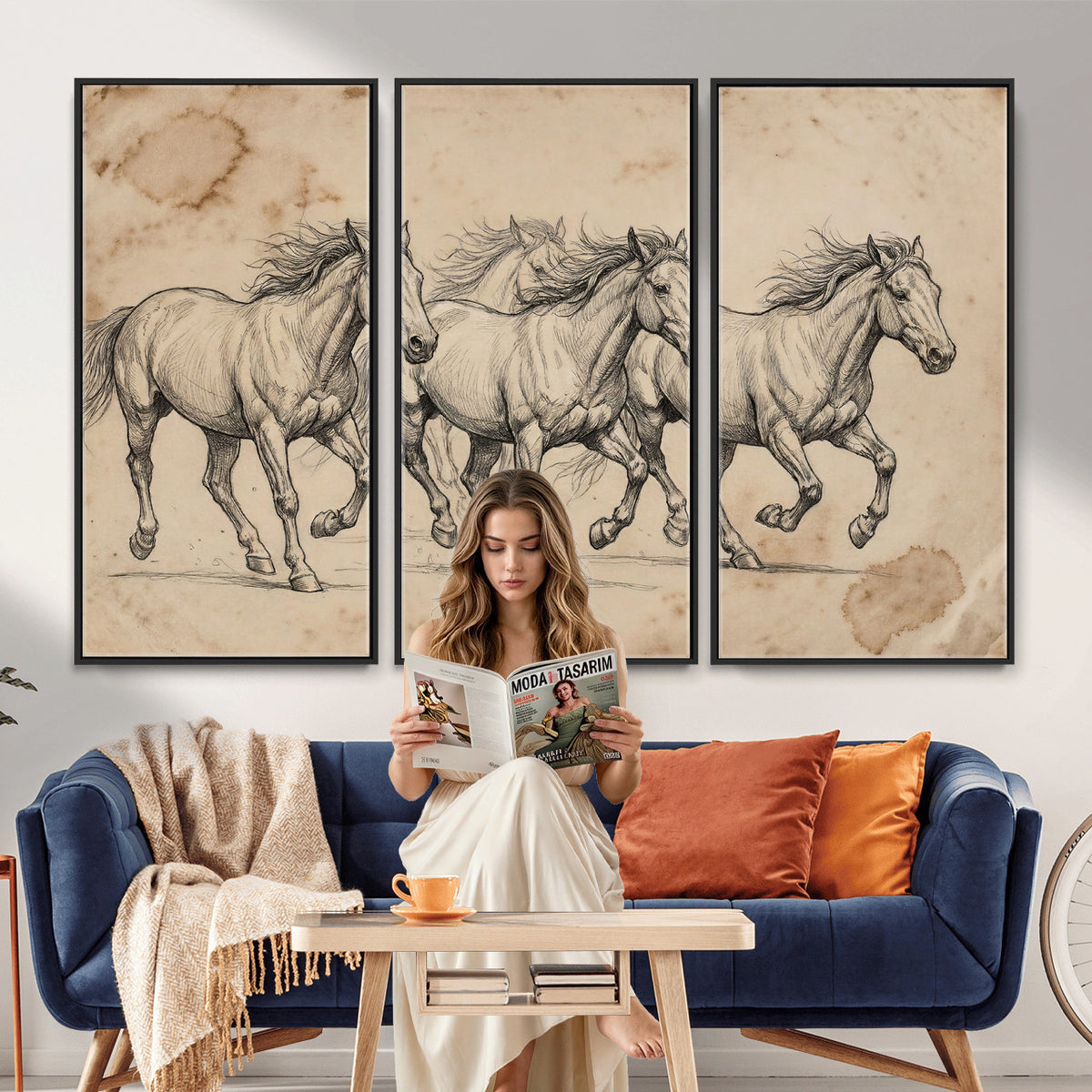 56046981-MGV-CV-36X24 - Sepia Wild Horses Canvas Art, Antique Pencil Drawing Print, Vintage Gallery Wall Decor, Rustic Equestrian Artwork, Traditional Den Gift
