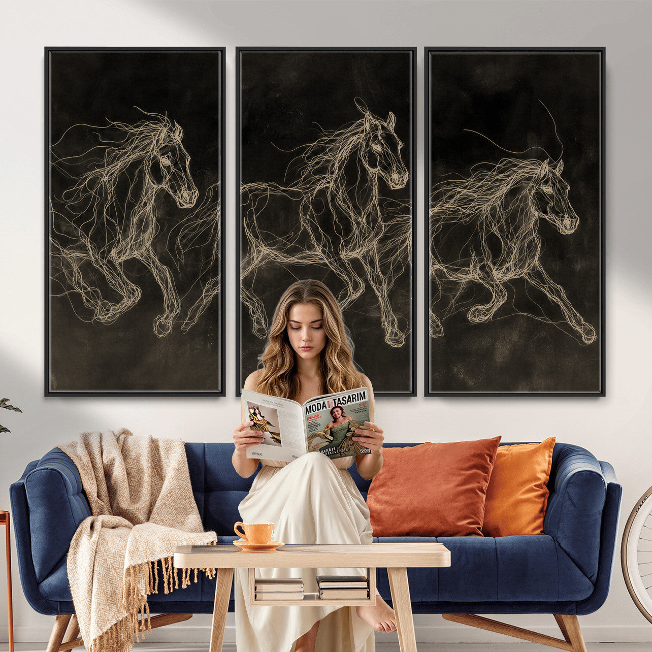 15344242-MGV-CV-36X24 - Dark Horse Line Art Canvas, Gold Scribble Wild Horses Print, Black Chalkboard Wall Art, Modern Luxury Equine Decor, Masculine Office Gift