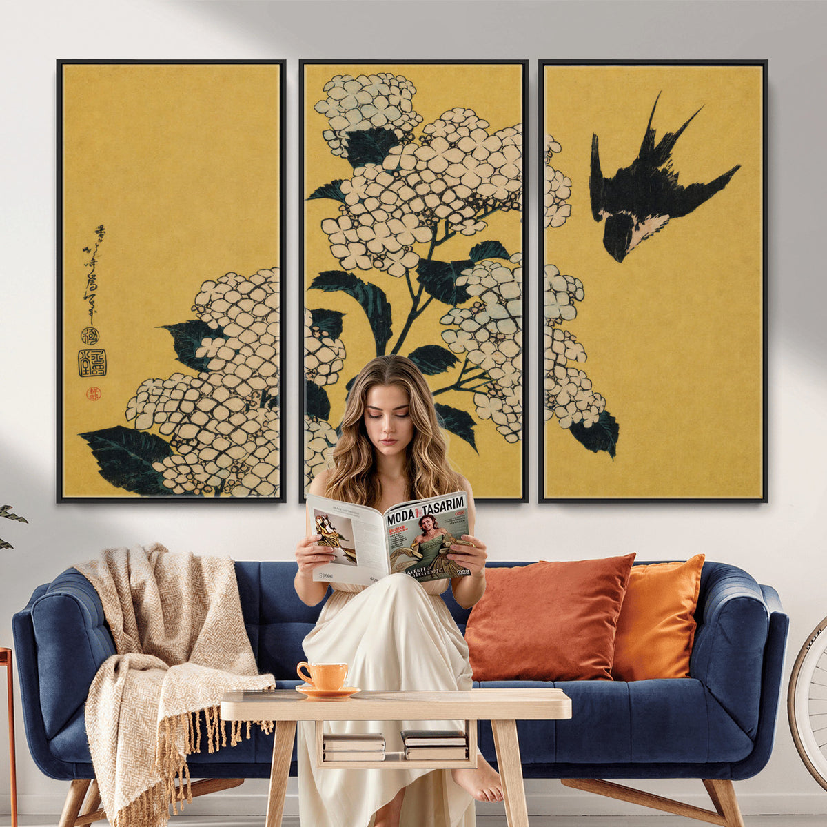 92483501-MGV-CV-36X24 - Katsushika Hokusai Hydrangea and Swallow Wall Art Canvas Print, Japanese Woodblock Painting Print
