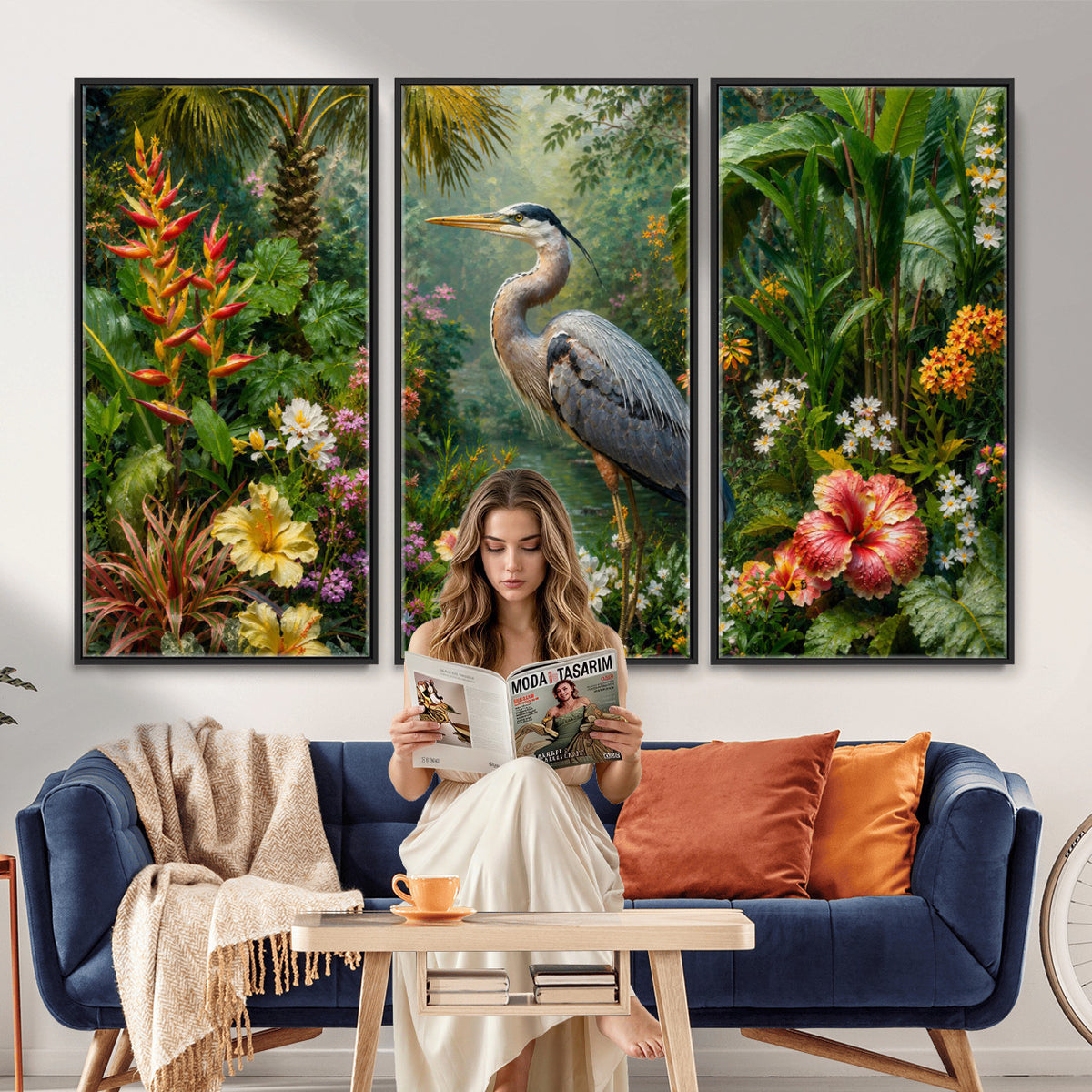 81059387-MGV-CV-36X24 - Great Blue Heron Tropical Jungle Wall Art Canvas Print, Exotic Botanical Garden Painting Print