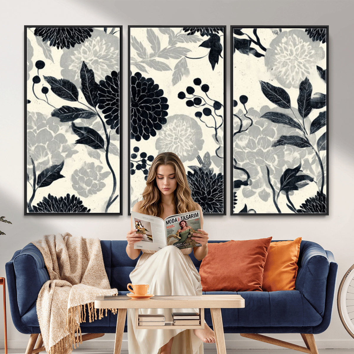 61524791-MGV-CV-36X24 - Vintage Black Chrysanthemum Wall Art Canvas Print, Monochrome Dhalia Floral Painting Print