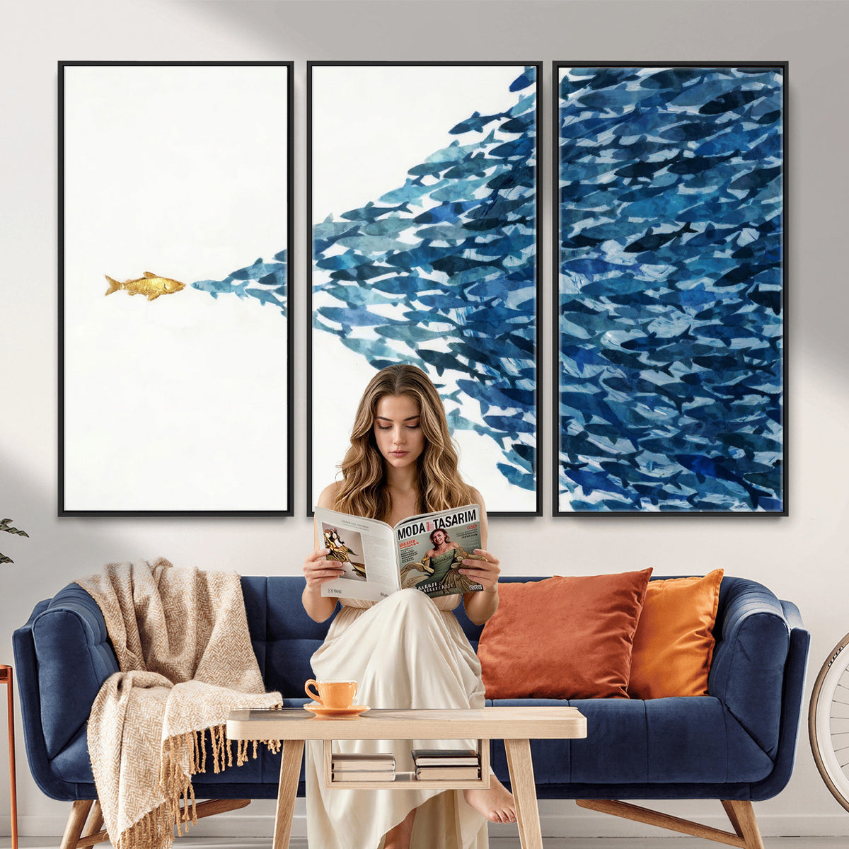 79089639-MGV-CV-36X24 - Abstract Blue Fish School Canvas Wall Art, Gold Foil Accent Marine Print