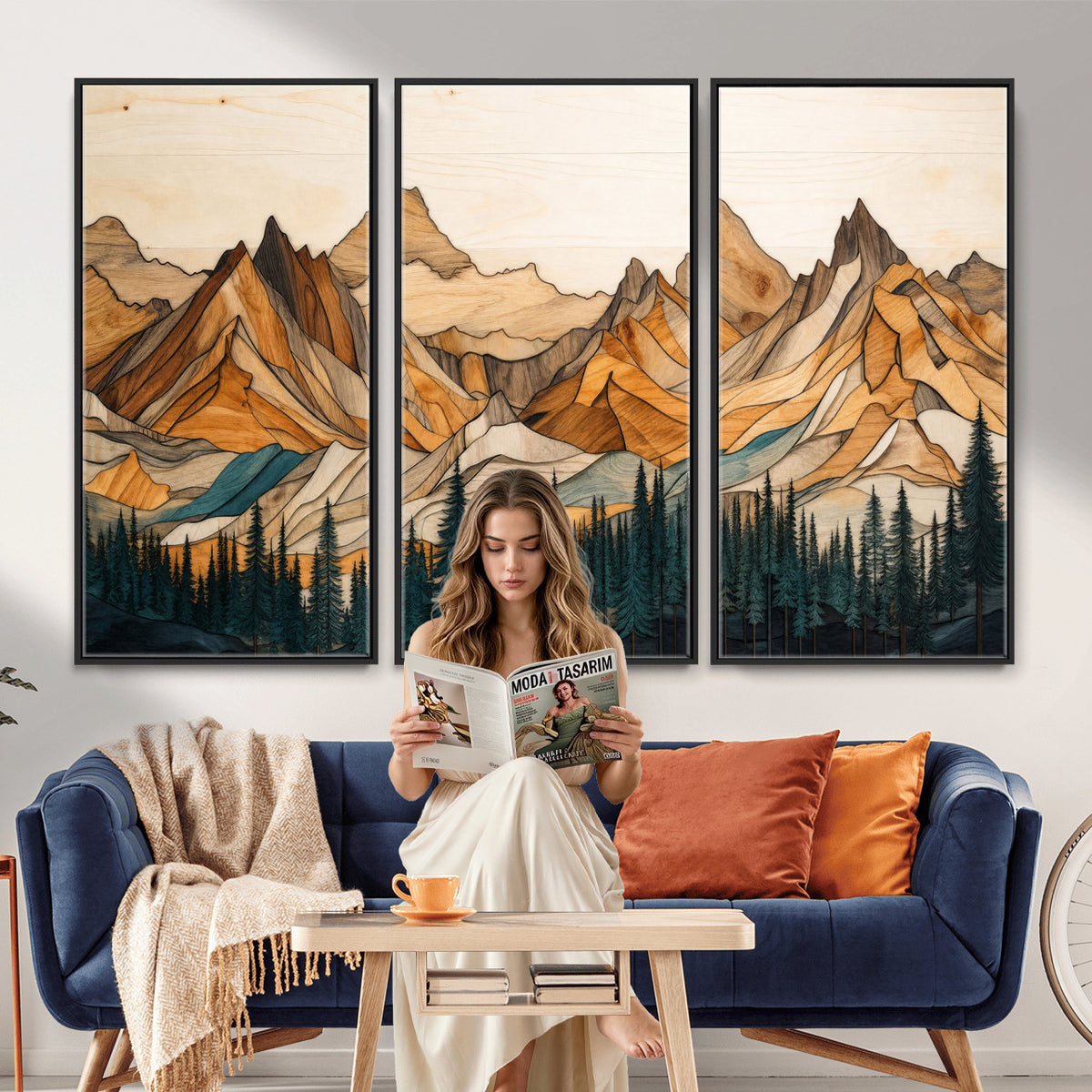 57384313-MGV-CV-48X32-3P - Mountain Landscape Canvas Wall Art with Wood Grain Effect, Golden Peaks and Teal Pine Forest, Framed Cabin Decor
