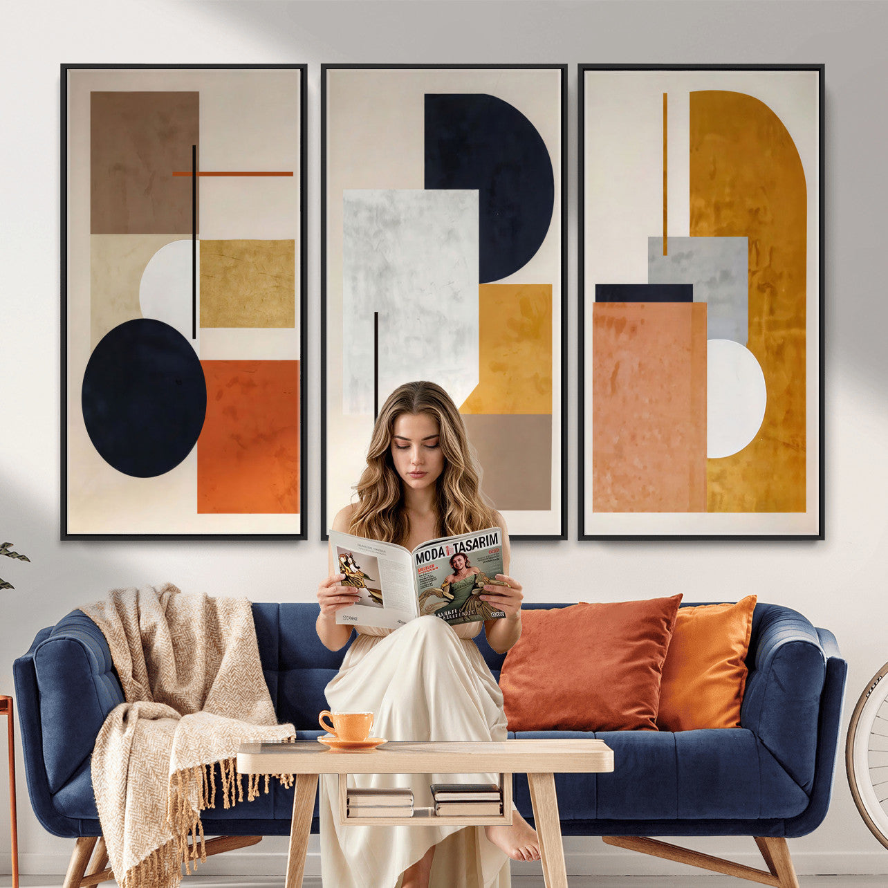 87361249-MGV-CV-48X32-3P - Mid Century Modern Geometric Canvas Wall Art, Abstract Triptych Print