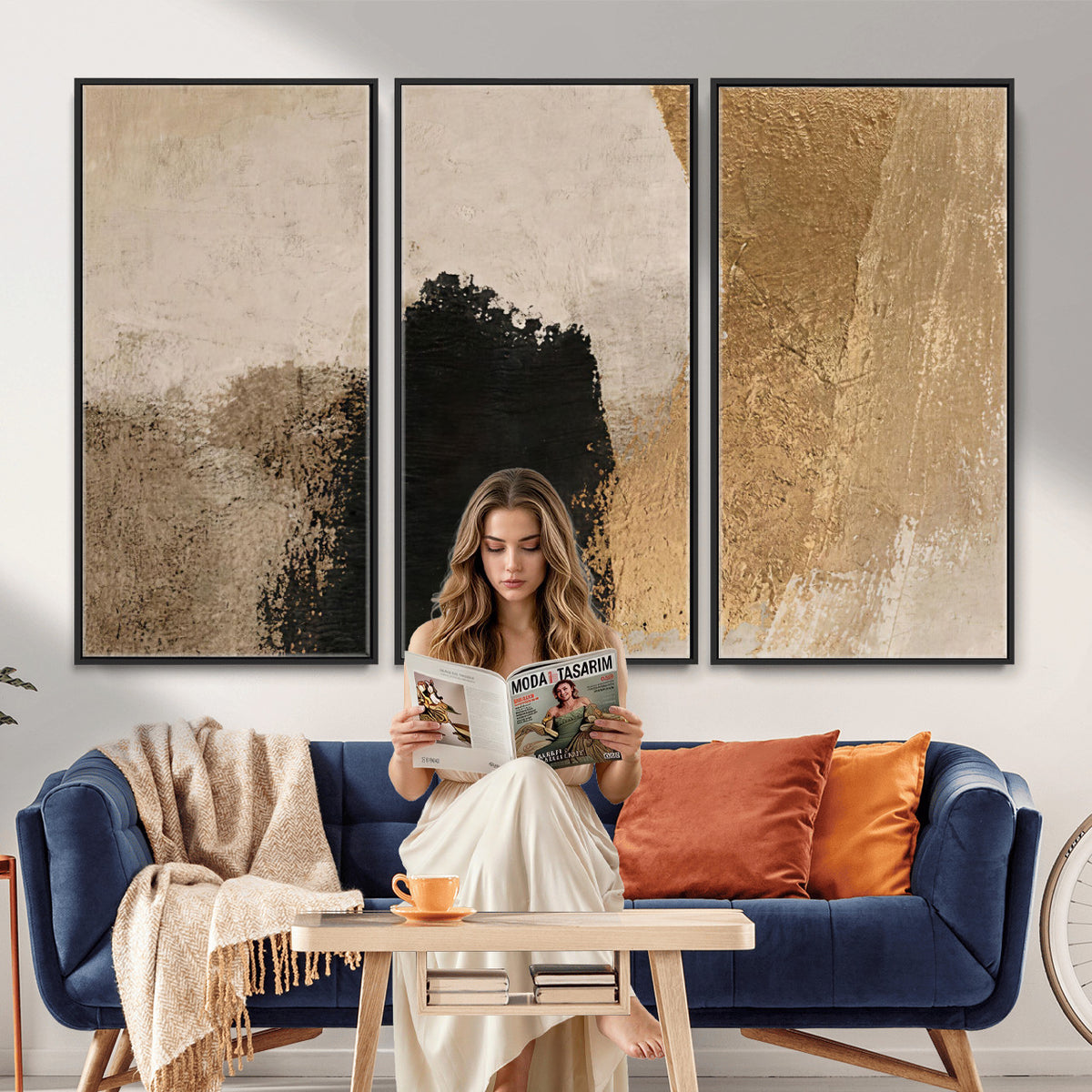 36003778-MGV-CV-48X32-3P - Mid Century Modern Geometric Canvas Wall Art, Abstract Triptych Print