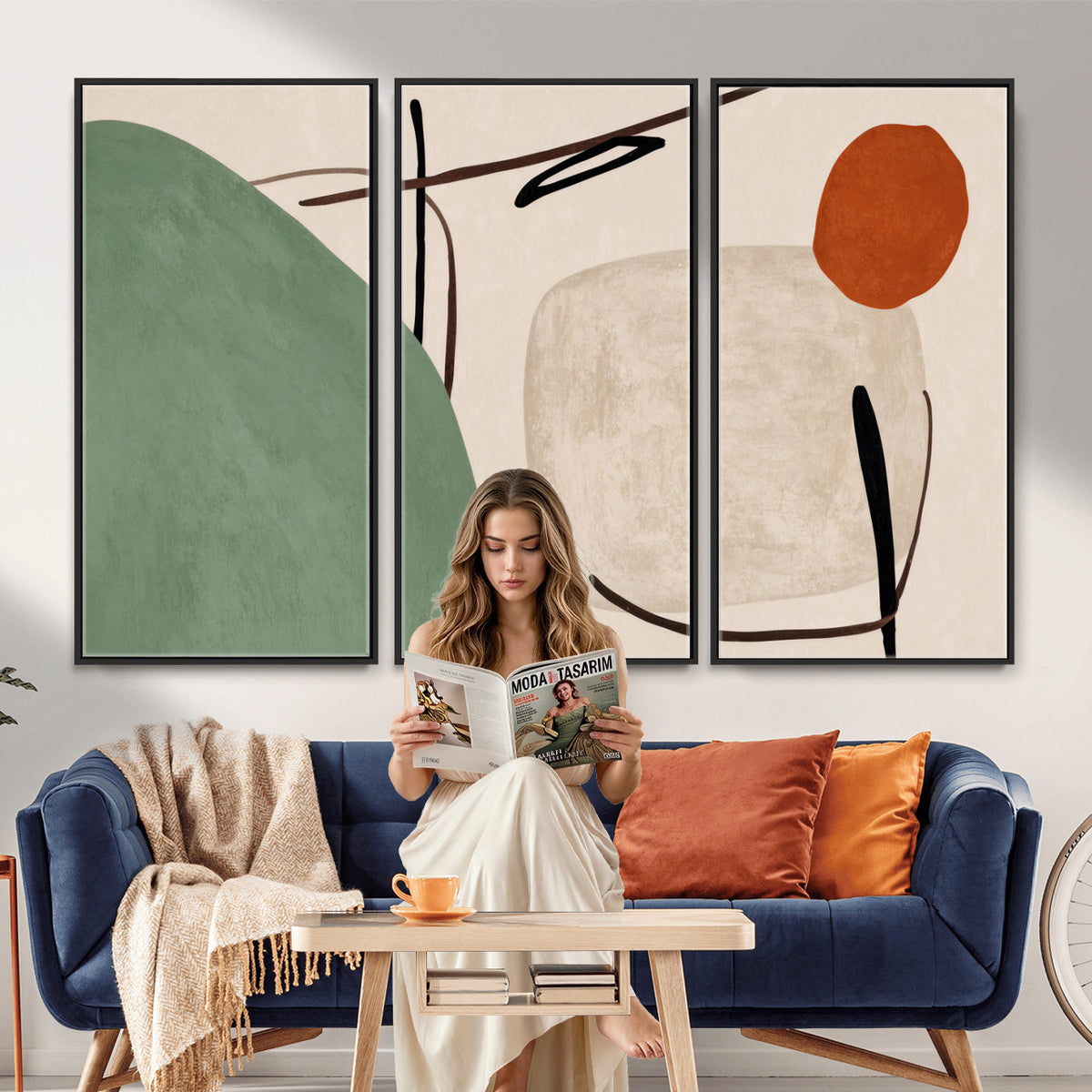 46798824-MGV-CV-48X32-3P - Mid Century Modern Geometric Canvas Wall Art, Abstract Triptych Print