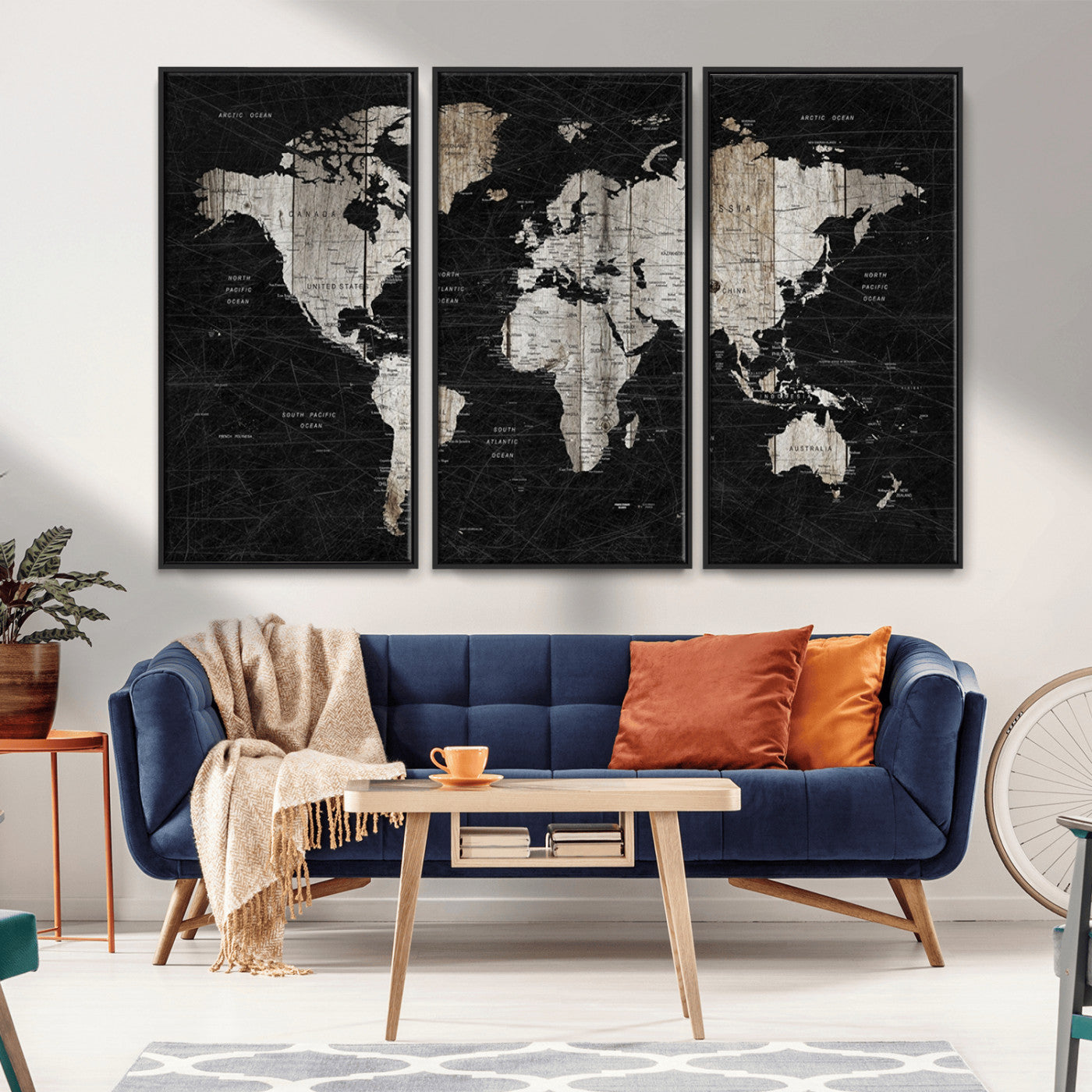 89998-MGV-CV-36X24-Rustic Black and Wood World Map Canvas Wall Art – Framed Push Pin Travel Map for Home and Office Decor, Modern Vintage Wall Artwork