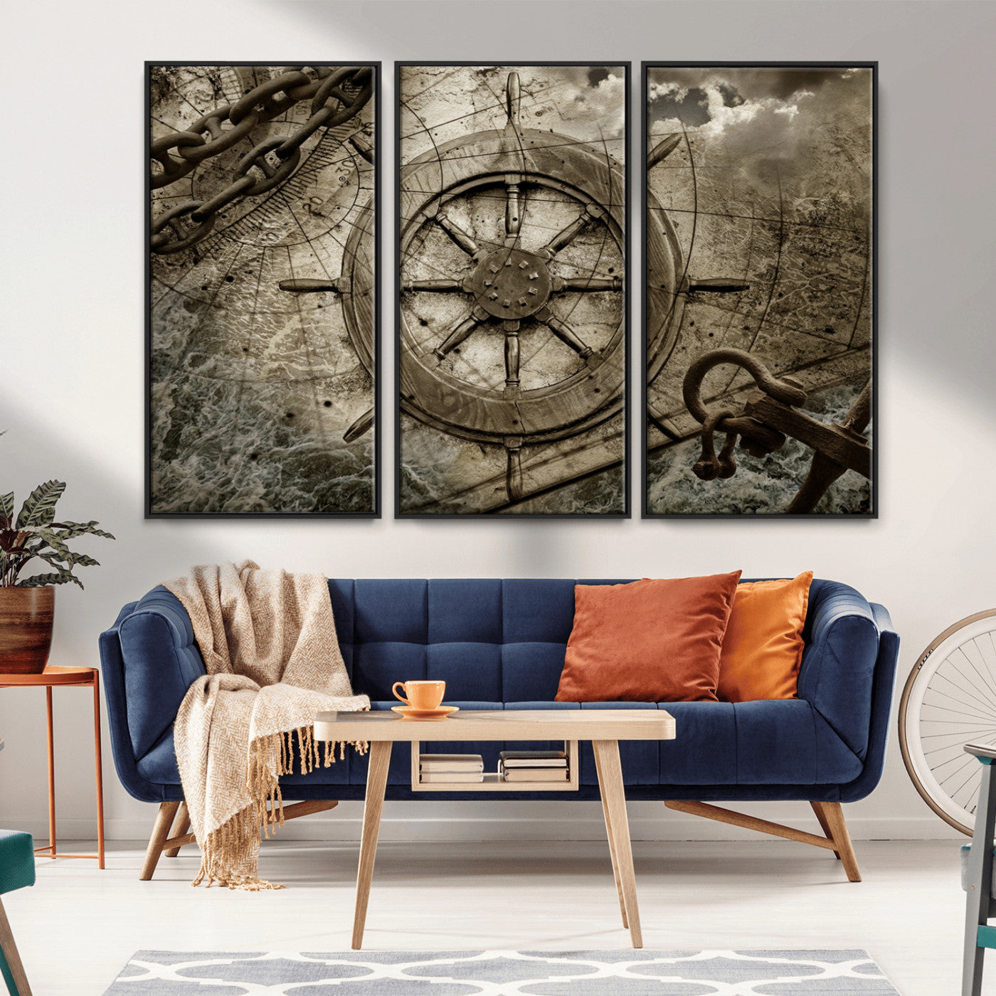 -Wooden Ship Wheel Canvas Print, Multi Panel Canvas Wall Art Print