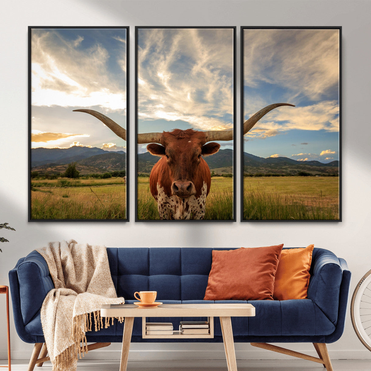 55416-MGV-CV-36X24-Texas Longhorn Canvas Wall Art – Majestic Triptych Animal Print – Rustic Western Decor for Living