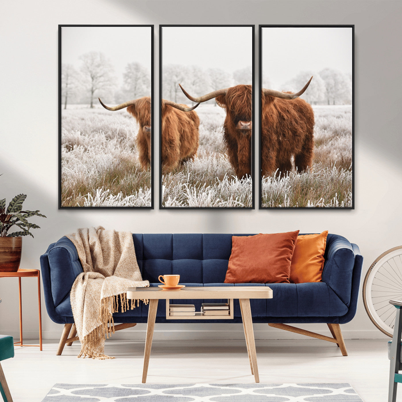 -Longhorn Cattle Wall Art Canvas Print, Framed Farmhouse Style Art Picture Print, Rustic Cow Perfect Rustic Farmhouse Decor Artwork