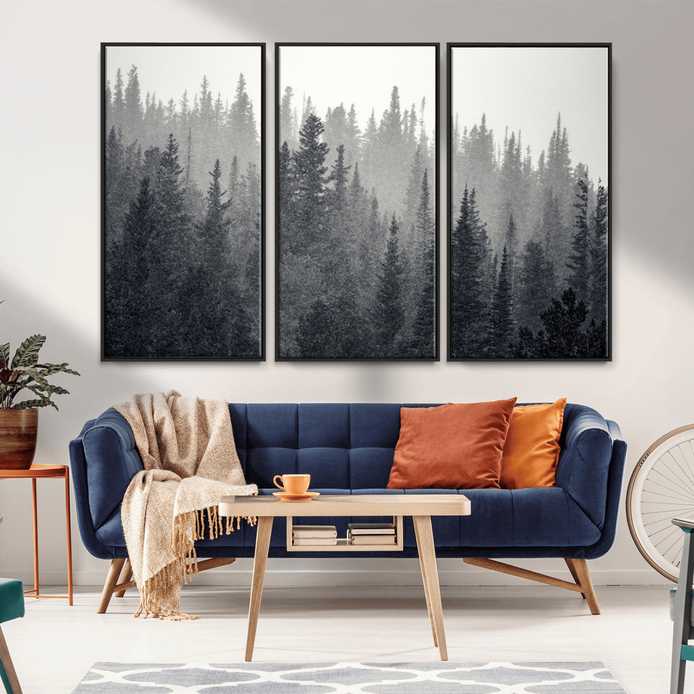 -Misty Forest Canvas Wall Art – Monochrome Triptych Pine Tree Print – Nature-Inspired Home Decor –