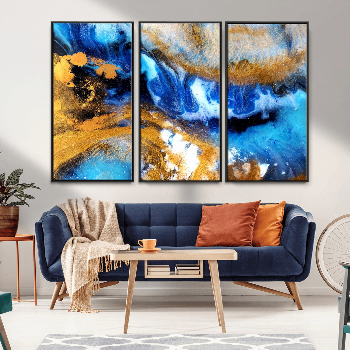 42100-MGV-CV-36X24-Blue Orange Marble Fluid Effect Canvas Wall Art Print