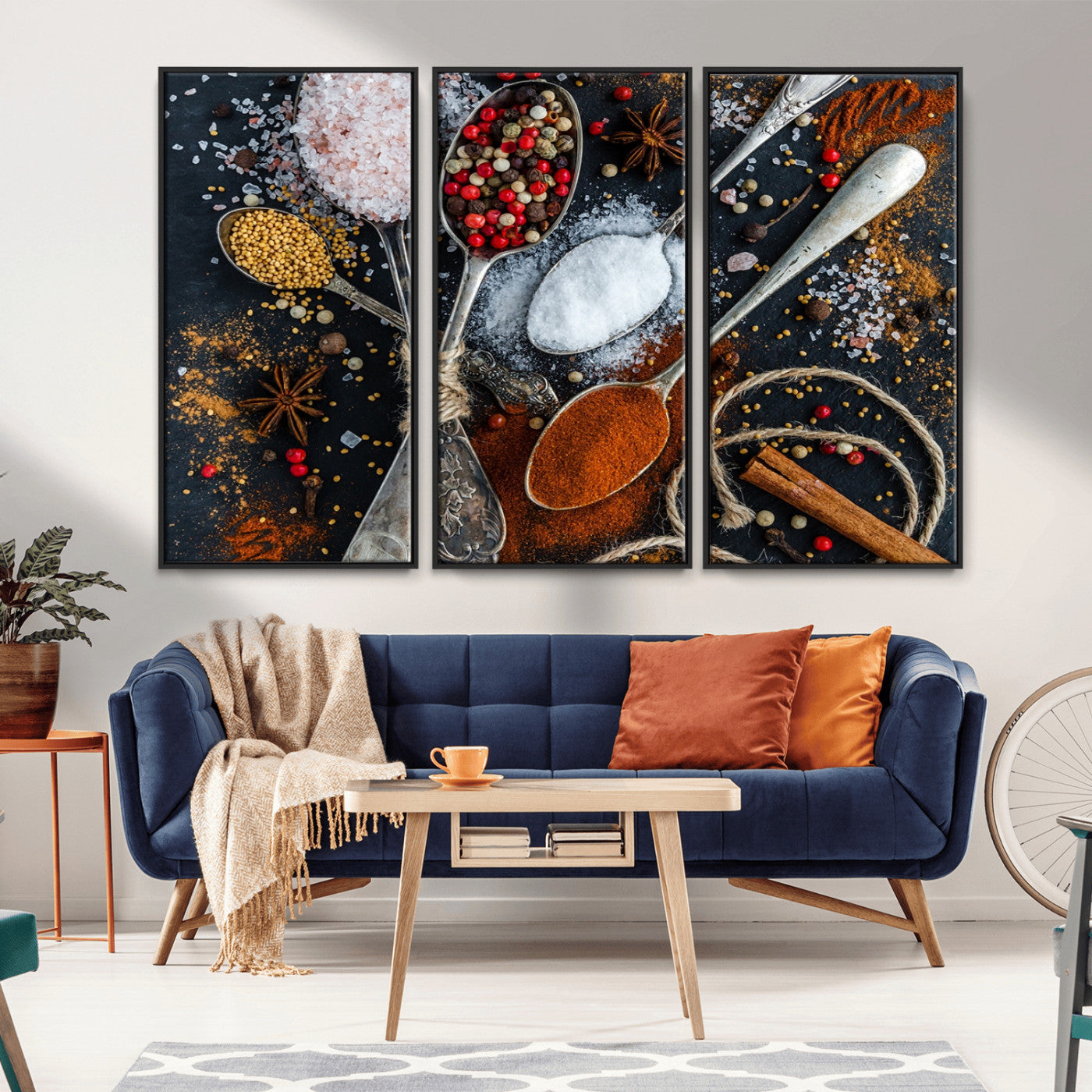 -Spices and Seasonings Canvas Wall Art – Colorful Triptych Kitchen Decor – Culinary Art for Dining