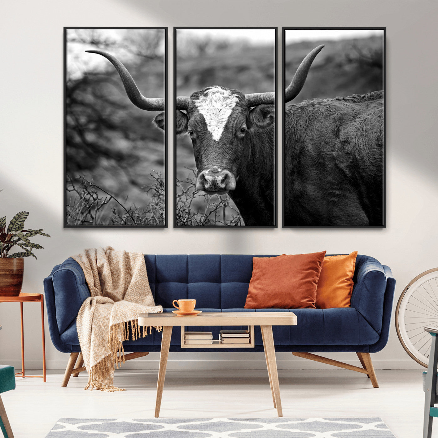 -Western Home Wall Art Canvas Print, Framed Texas Longhorn Art Picture Print, Rustic Cow Perfect Rustic Farmhouse Decor Artwork