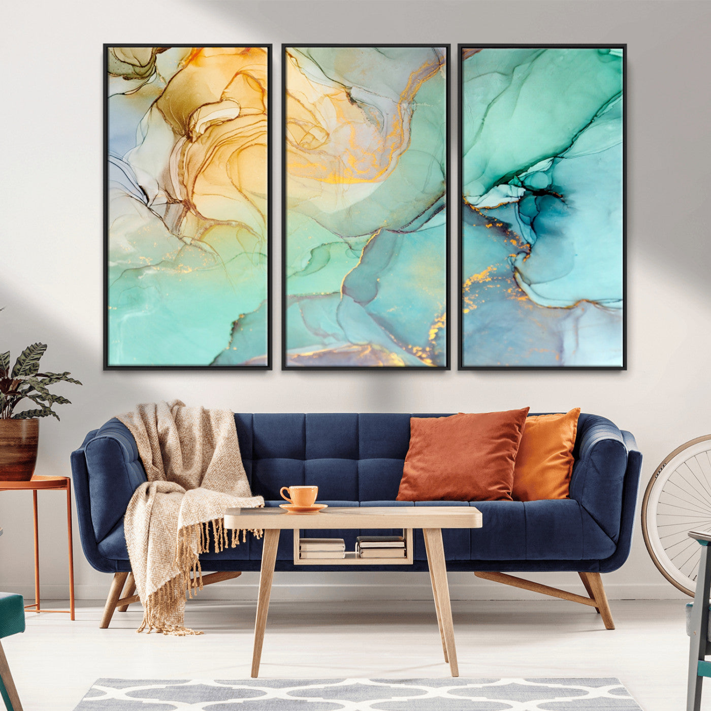 84233-MGV-CV-36X24-Abstract Aqua and Gold Fluid Wall Art Canvas | 3 Panel Large Canvas Print for Living Room, Office,