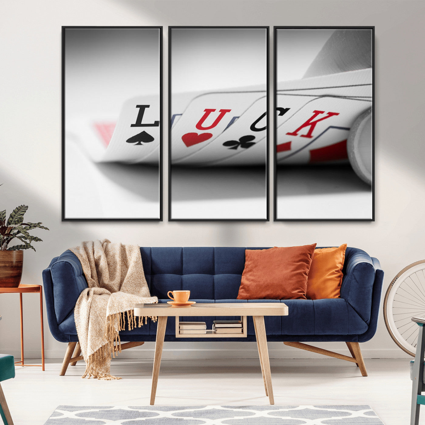 55160-MGV-FC-48X32-3P_Black-Framed Luck Poker Cards Canvas – Modern Triptych Wall Art, Ready to Hang for Game Rooms