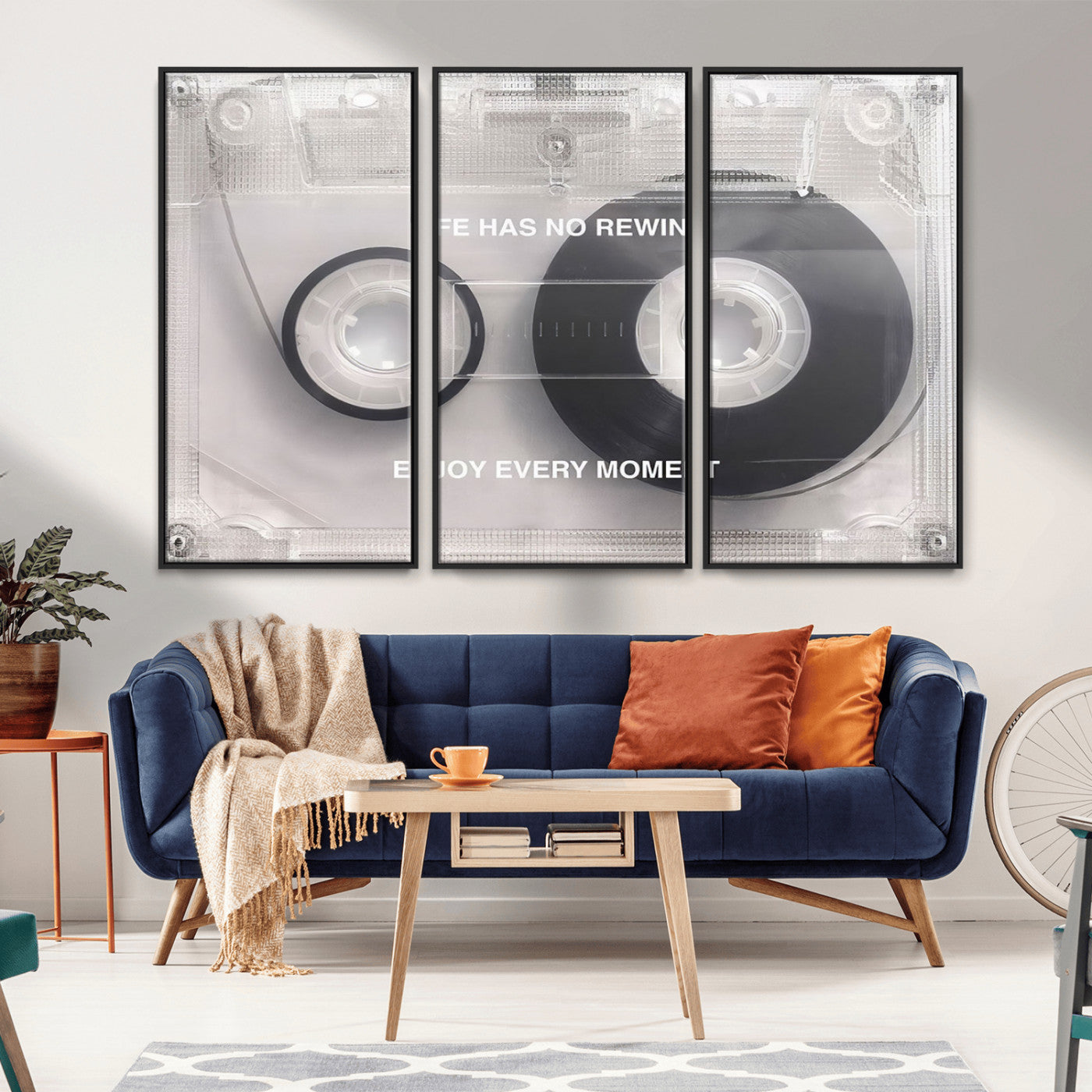 -Vintage Cassette Tape Canvas Wall Art - Inspirational 'Life Has No Rewind' Quote, Retro Music Decor