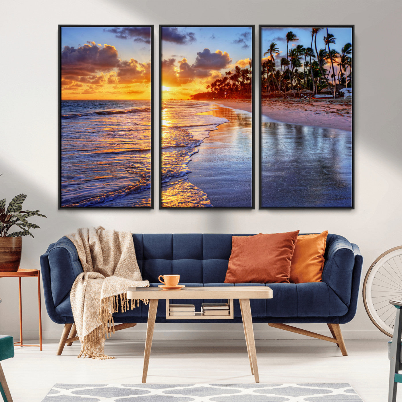 32177-MGV-FC-48X32-3P_Black-Serene Beach Sunset Wall Art Canvas- Coastal Seascape Print for Living Room or Bedroom, Ocean Waves