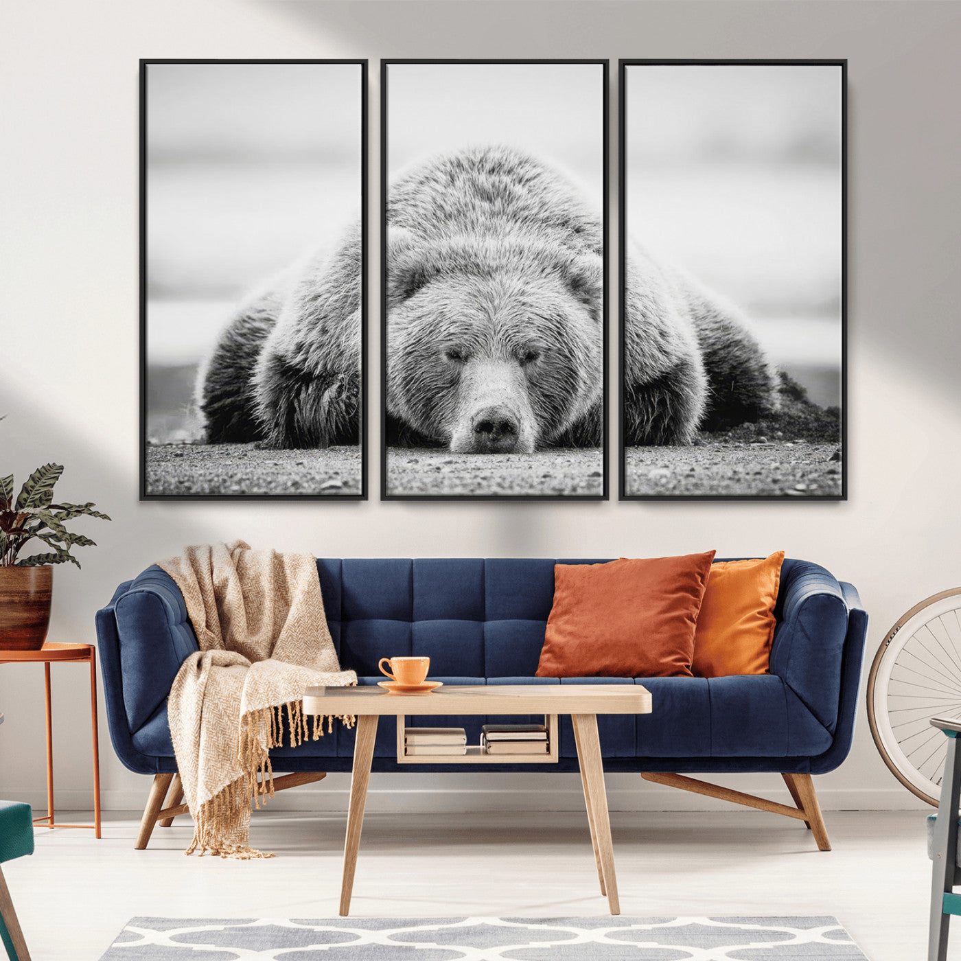 -Resting Grizzly Bear Wall Art Canvas Print – Majestic Lazy Black and White Wildlife Bear Art,
