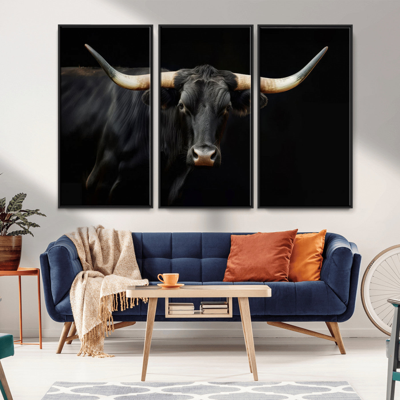 -Black Bull Wall Art – Majestic Longhorn Canvas Print with Dark Background, Rustic Western Farmhouse Decor for Living Room or Office