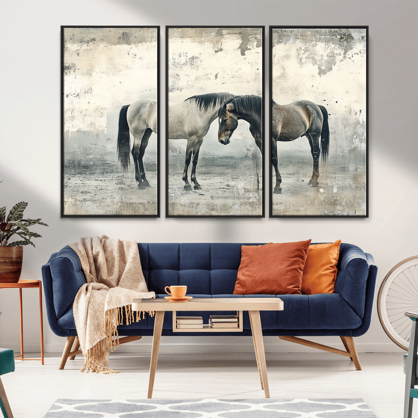 -Chines Style Majestic Horses Wall Art | Ready to Hang and Framed Triptych Print | Western Farmhouse