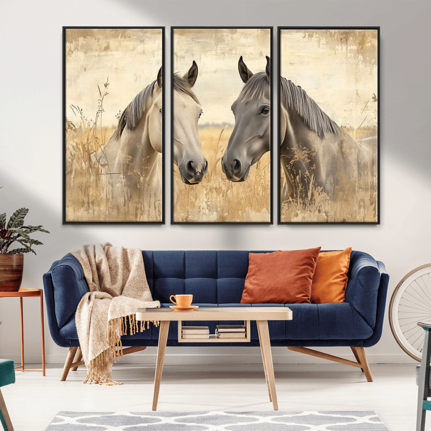 -Chines Ink Style Grunge Horses Wall Art Canvas Print