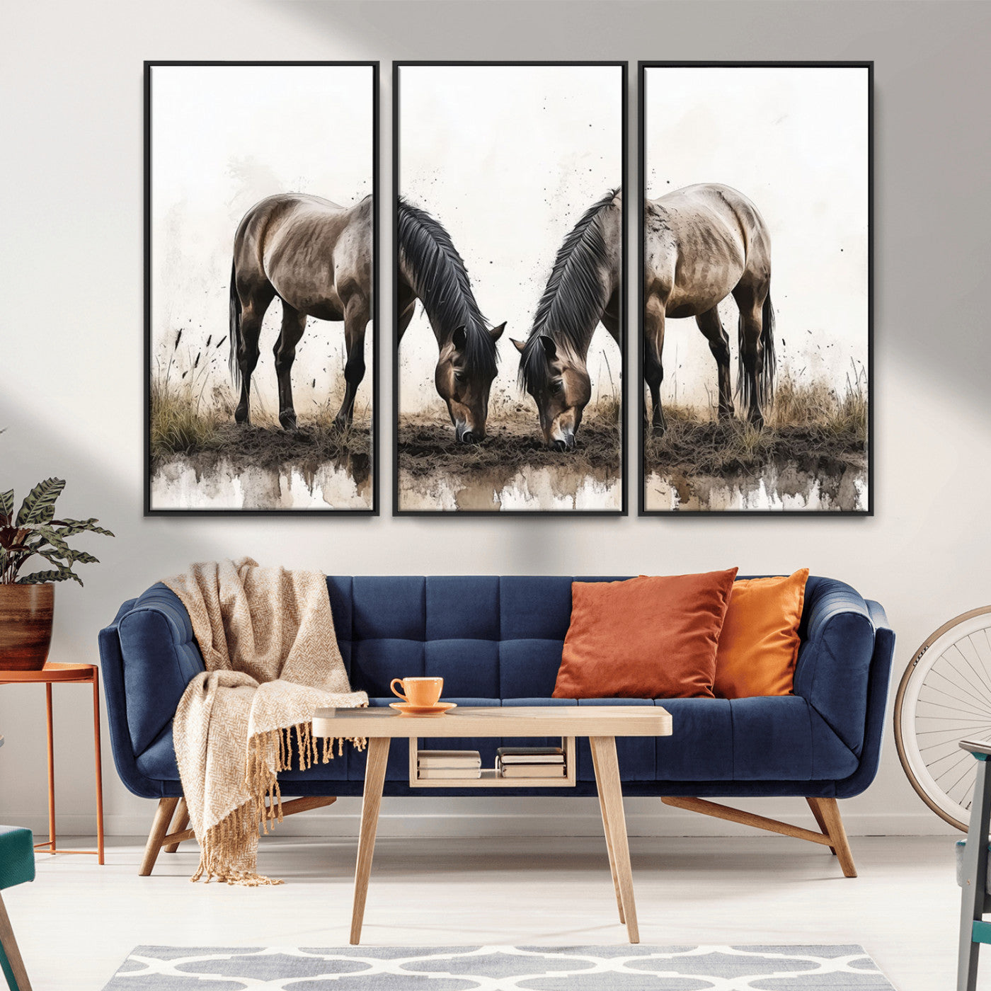 -Chines Ink Style Horses Wall Art Canvas Print