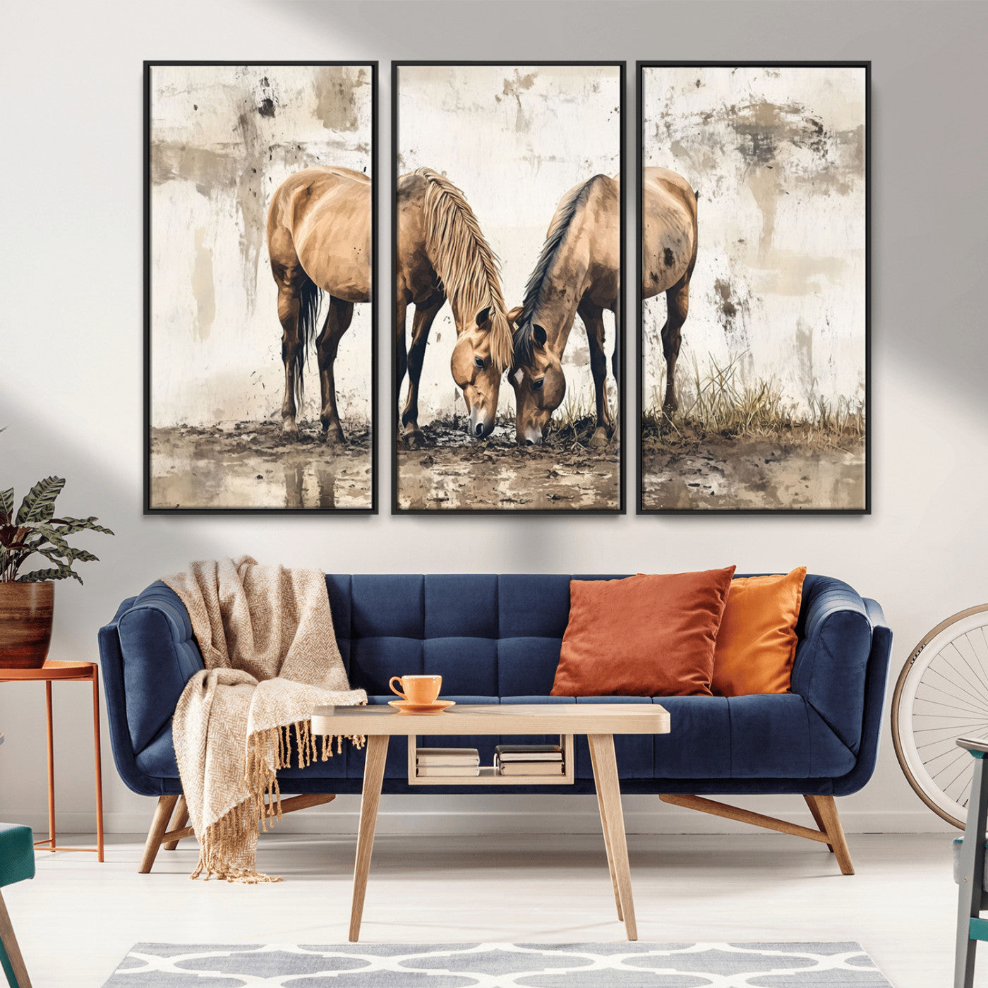 -Vintage Horses Wall Art | Ready to Hang and Framed Triptych | Western Farmhouse Wall Decor for