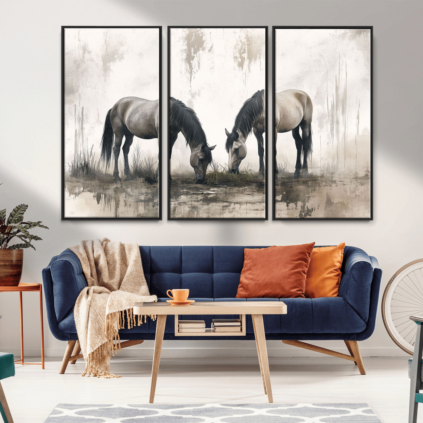 -Chines Ink Style Vintage Horses Wall Art Canvas Print for Farmhouse Wall Decor
