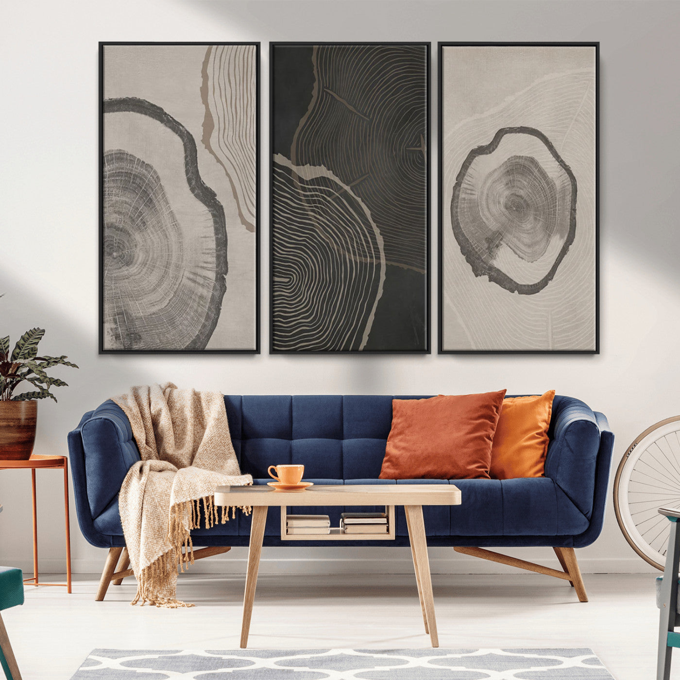 25407-MGV-CV-36X24-Modern Abstract Tree Ring Canvas Art Set | 3 Panel Large Tree Ring Design for Living Room, Office,