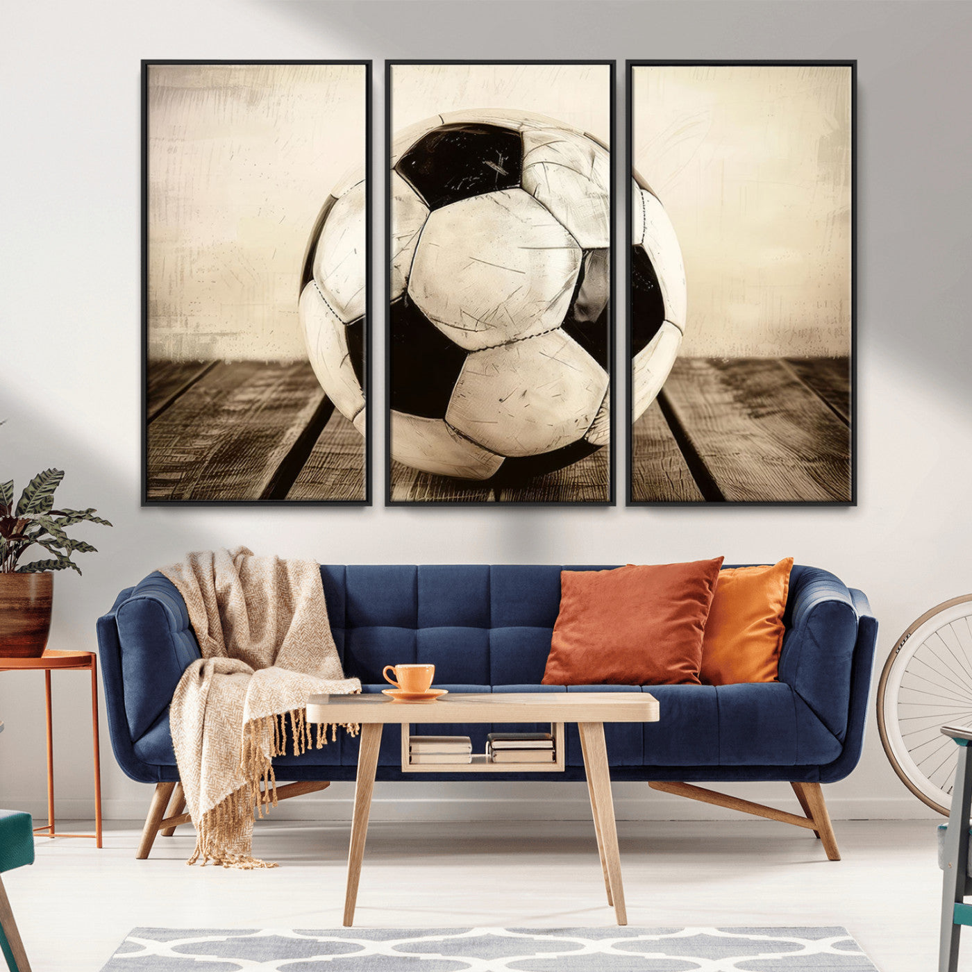 -Vintage Soccer Ball Wall Decor Canvas Art – 3-Panel Soccer Wall Decor, Framed and Ready to Hang