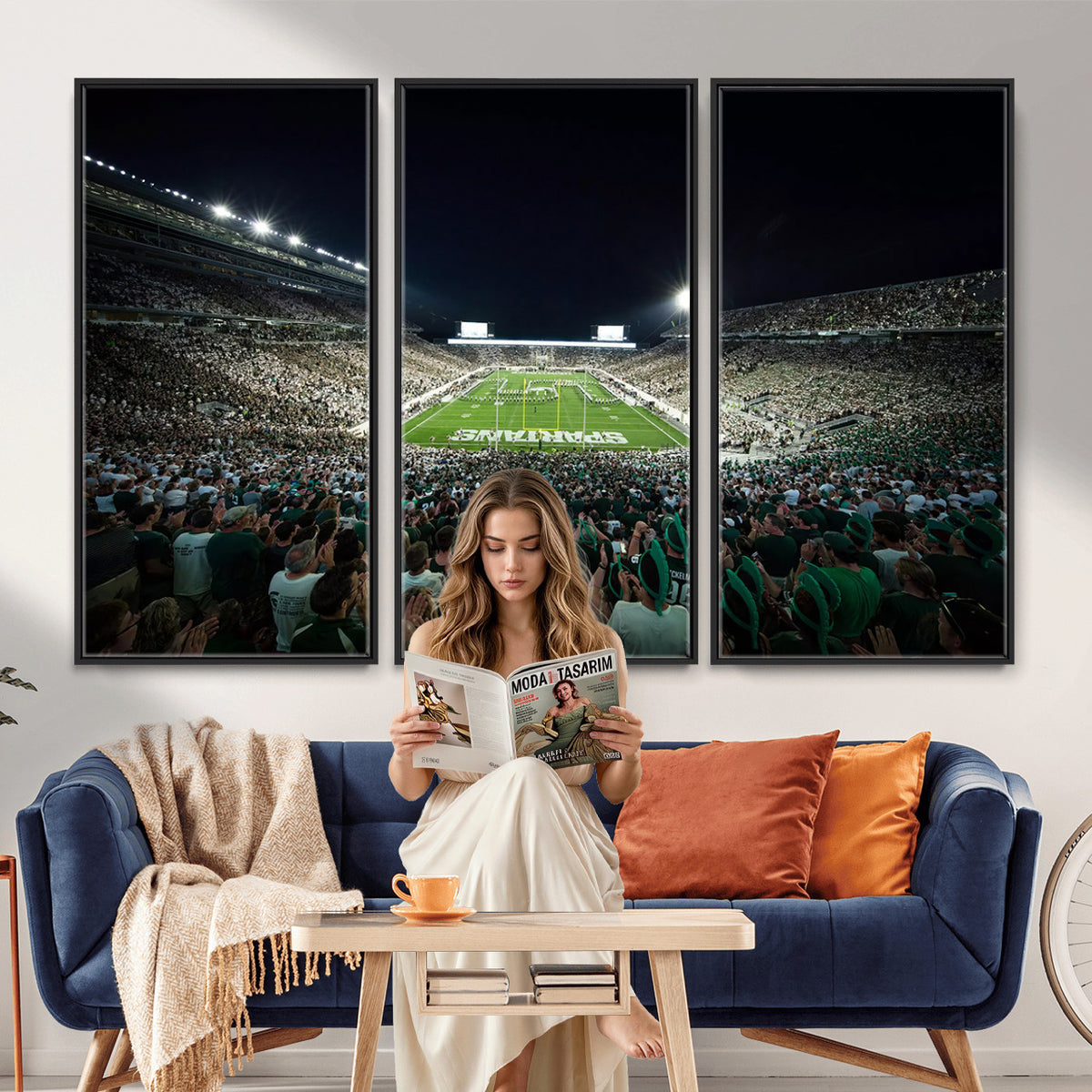 57523-PAN-FL-20X10 - Framed Michigan State Spartans Football Team Print - East Lansing Spartan Stadium Wall Art Canvas