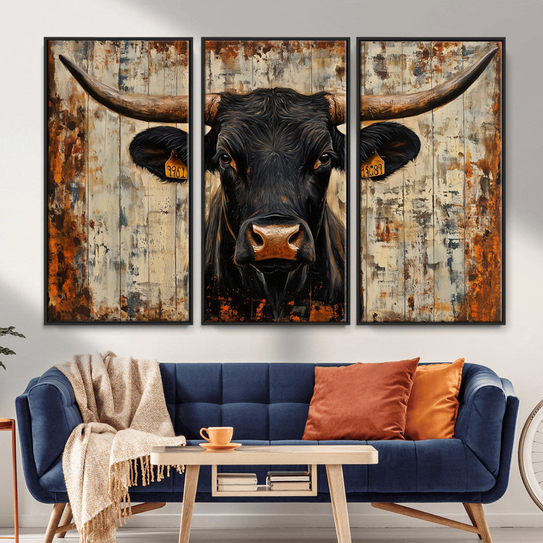 Rustic Texas Artwork Wall Art Canvas Print, Abstract Cow Longhorn Bull Wall Art