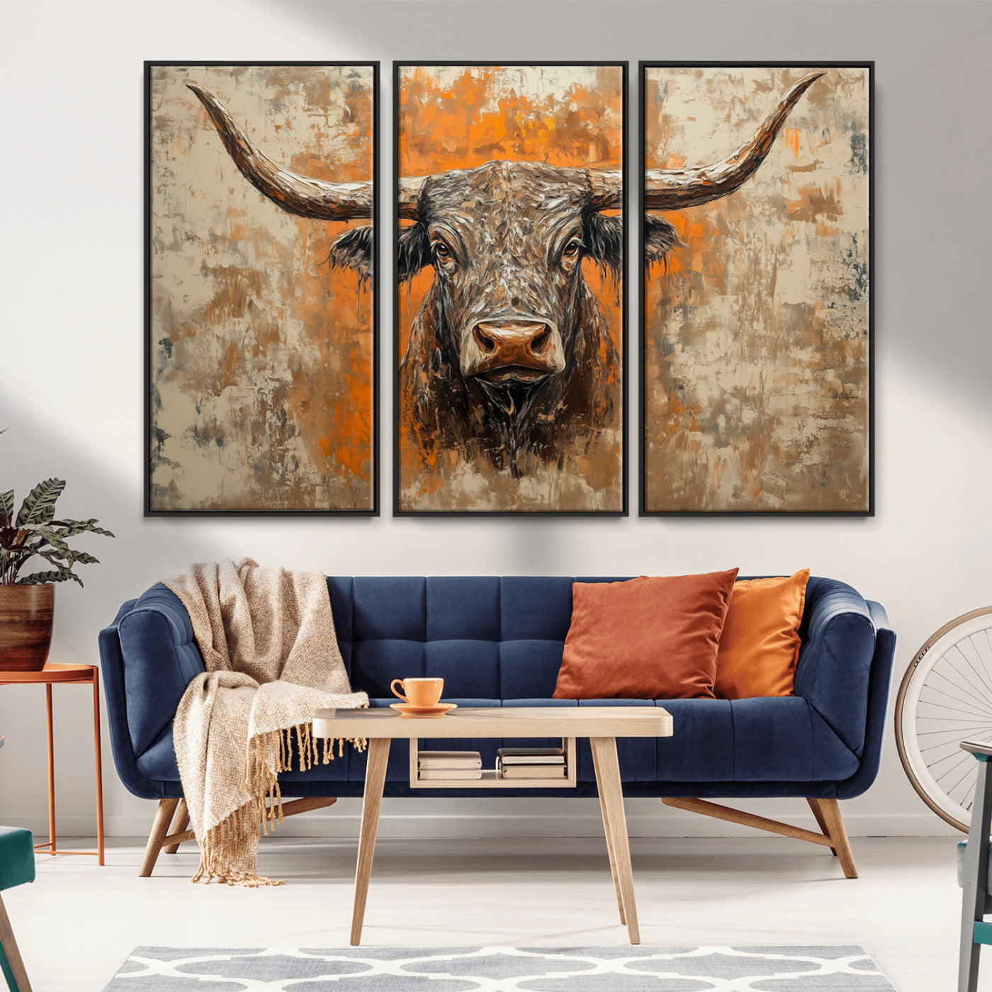 -Abstract Cow Longhorn Bull Wall Art Canvas Print - Rustic Texas Western Cattle Artwork