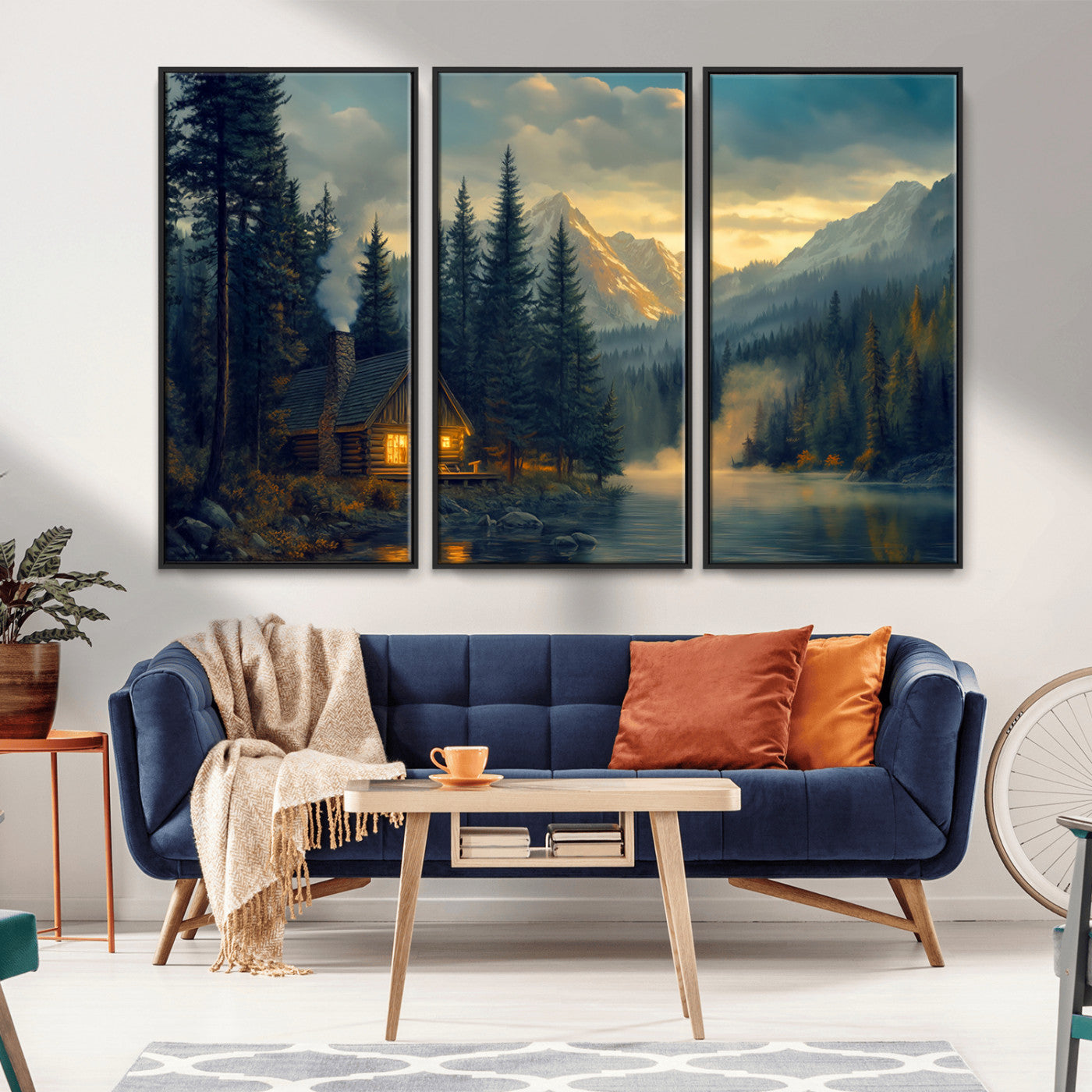 94027-MGV-CV-36X24-Mountain Cabin by the Lake at Sunset Wall Art - Serene Nature Canvas Print for Living Room Decor,