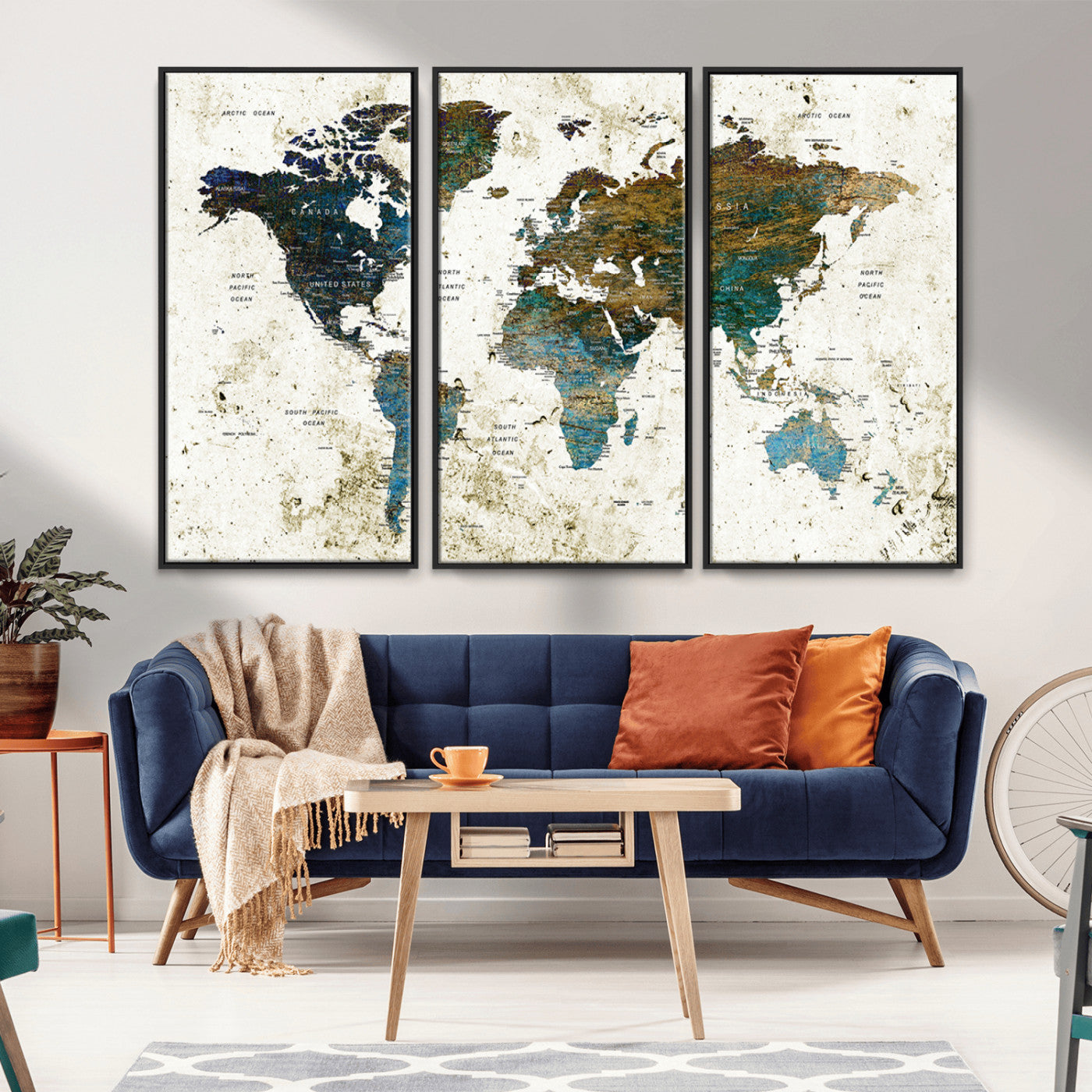 89176-MGV-CV-36X24-Vintage Blue and Brown World Map Canvas Wall Art – Framed Rustic Map Print, Earth Tone Travel Decor for Stylish Home and Office Walls