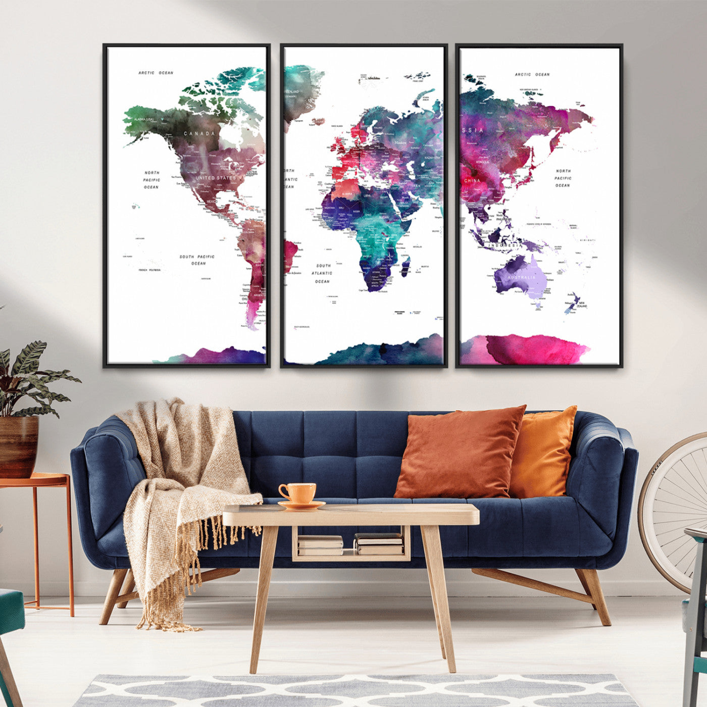 78176-MGV-CV-36X24-Colorful Watercolor World Map Canvas Wall Art – Framed Modern Map Print, Vibrant Travel Inspired Artwork for Home and Office Decor