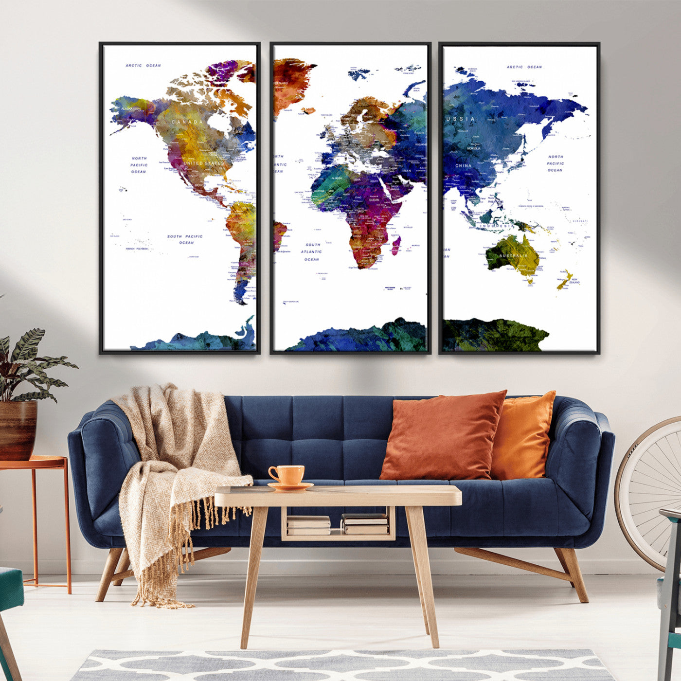 90446-MGV-CV-36X24-Colorful Watercolor World Map Canvas Wall Art – Framed Modern Push Pin Travel Map for Home and Office Decor