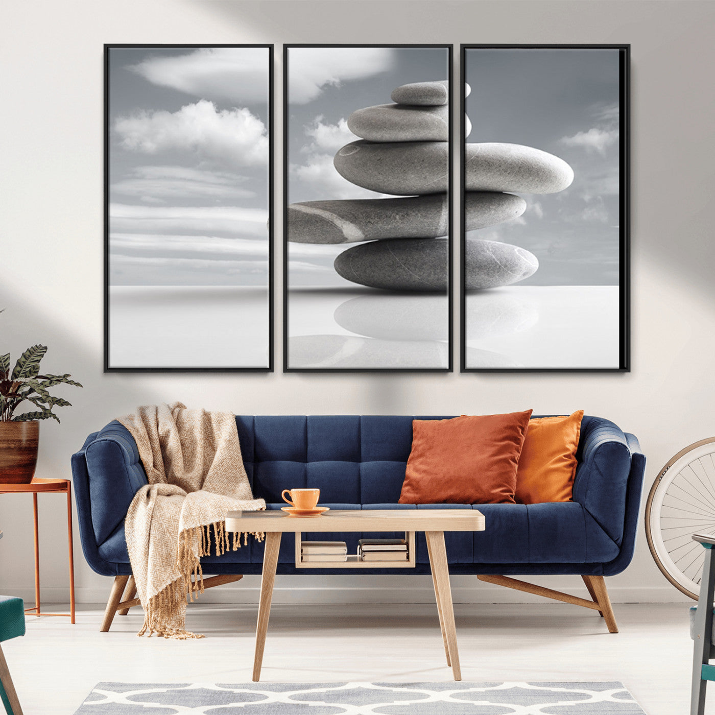 -Still Life Black and White Zen Stones Wall Art Canvas, Framed Black and White Zen Stones Canvas