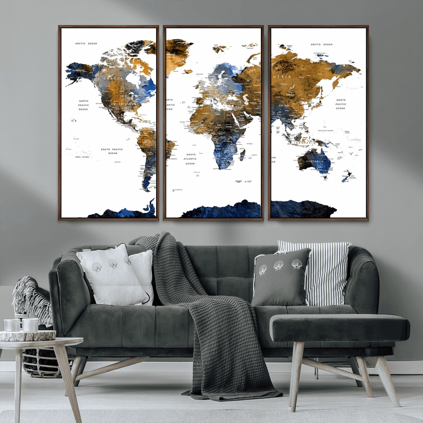 56231-MGV-CV-36X24-Navy and Gold World Map Canvas Wall Art – Framed Modern World Map Print, Elegant Travel Inspired Artwork for Home and Office Decor