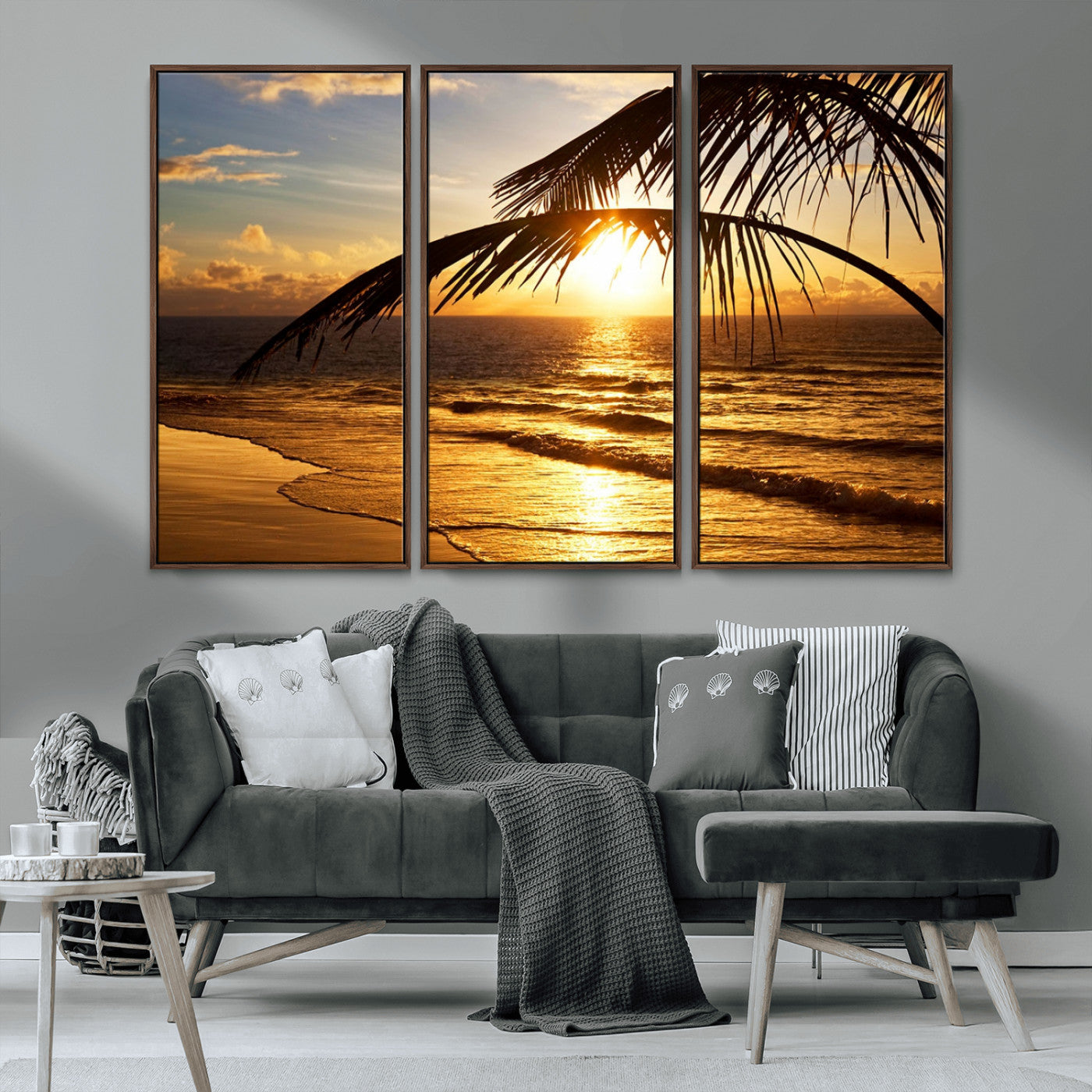 -Golden Tropical Beach Sunset Canvas Triptych, Coastal Palm Tree Wall Art, Ocean Shoreline Giclee