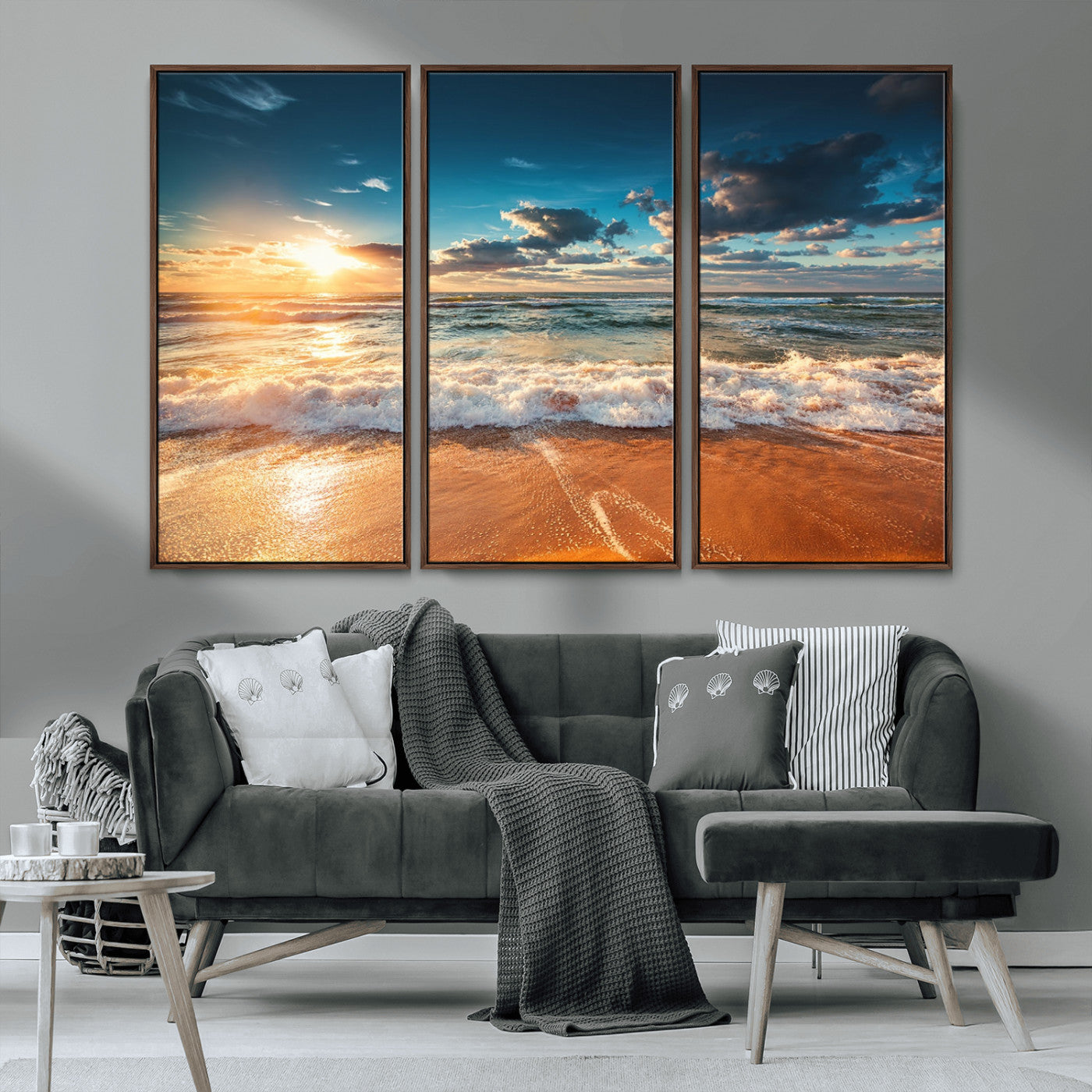 -Golden Sunset Beach Triptych Canvas Art, Giclee Coastal Wall Decor, Ocean Waves Print, Modern Beach