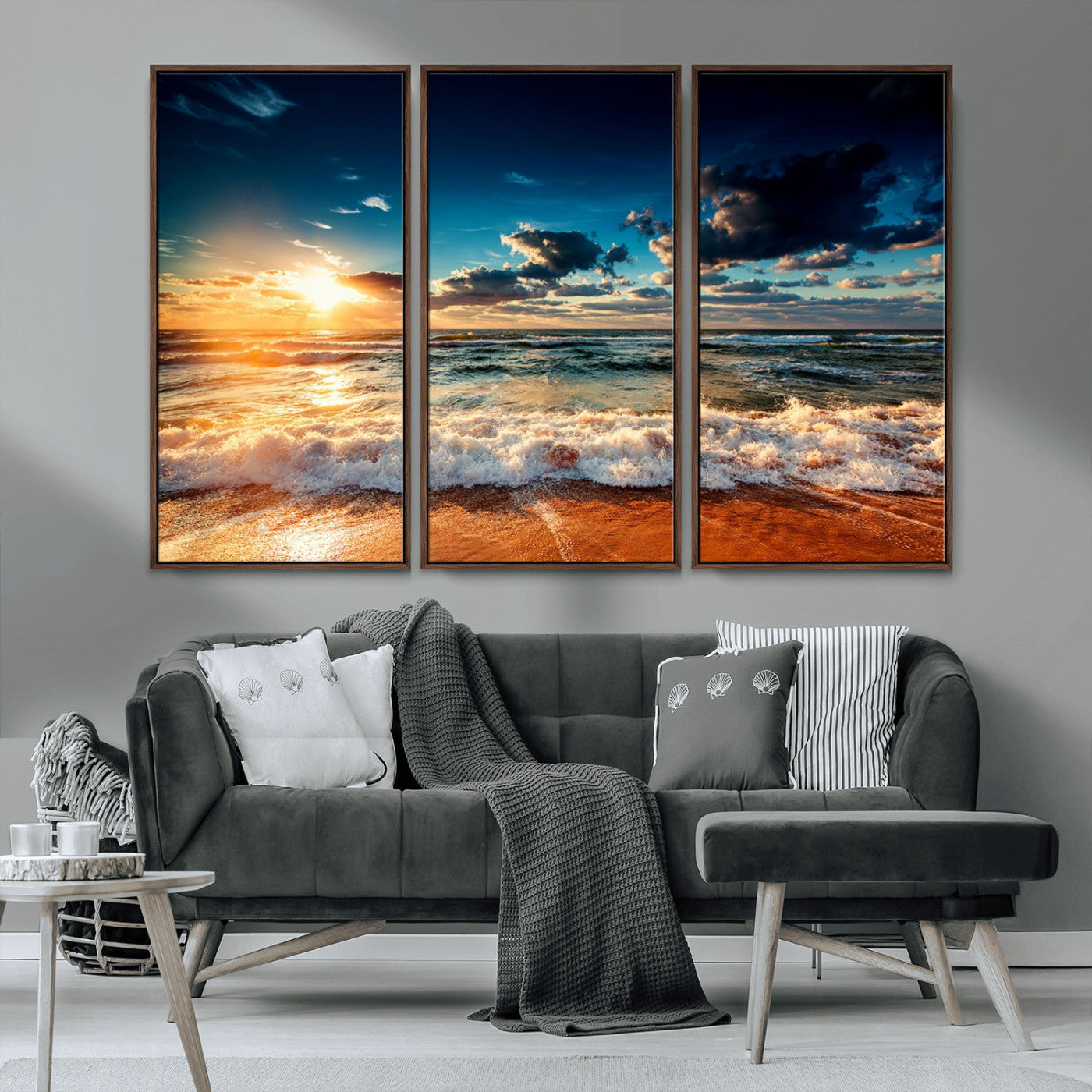 -Golden Hour Sunset Over Ocean Waves Wall Art Canvas Print | 3 Panel Coastal Landscape Canvas Wall