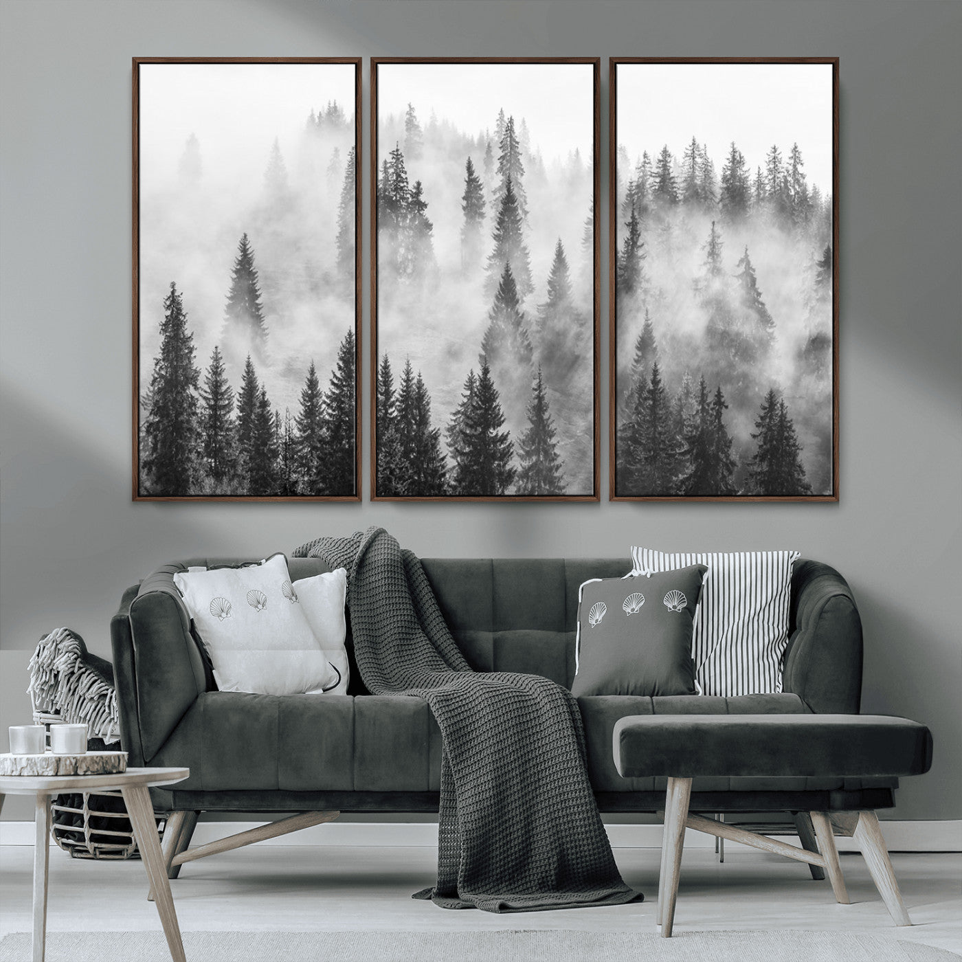 10422-MGV-FC-48X32-3P_Walnut-Forest Wall Art Print | Foggy Pine Forest Canvas Wall Art - Black and White Nature Decor for Living Room, Office