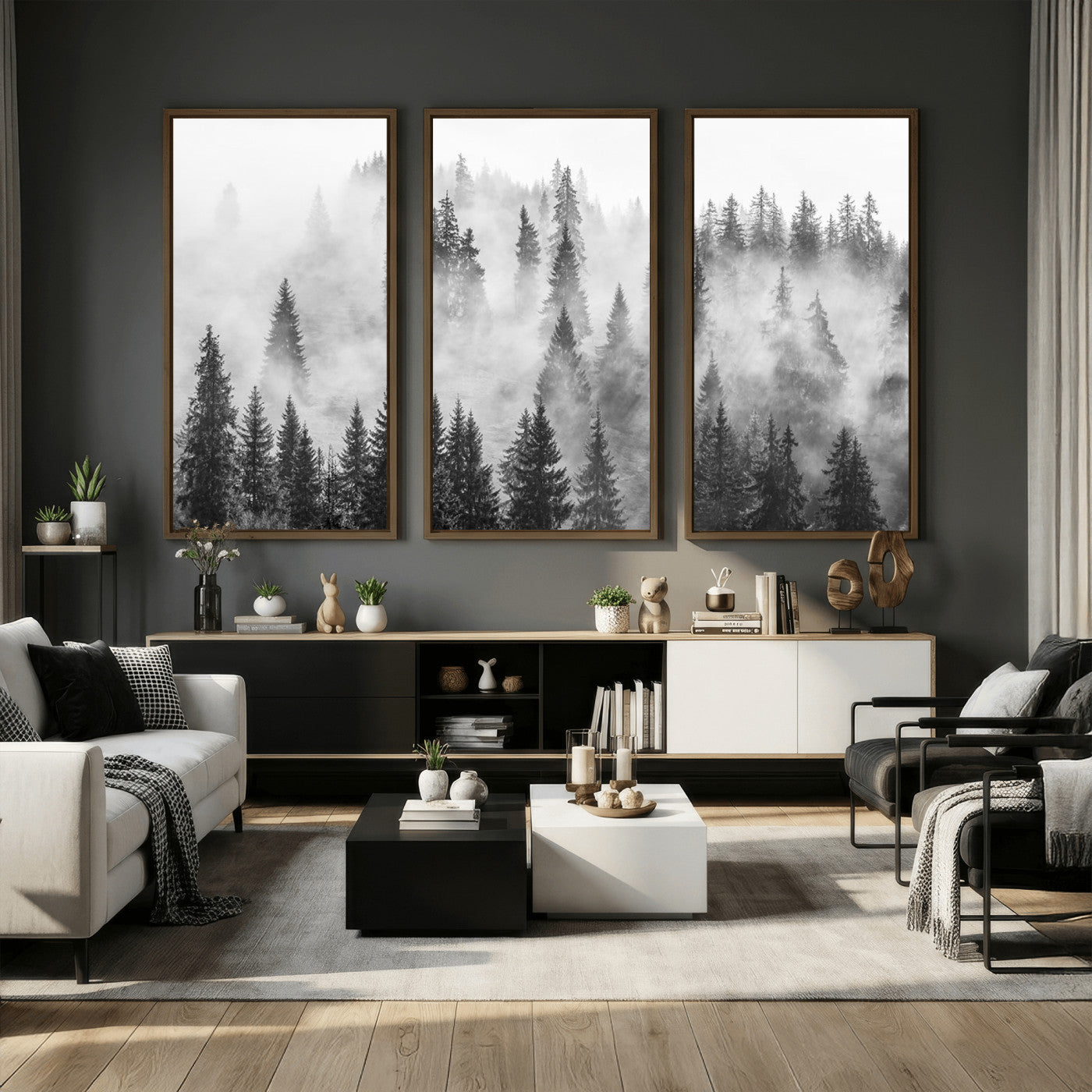 10422-MGV-CV-36X24 - Forest Wall Art Print | Foggy Pine Forest Canvas Wall Art - Black and White Nature Decor for Living