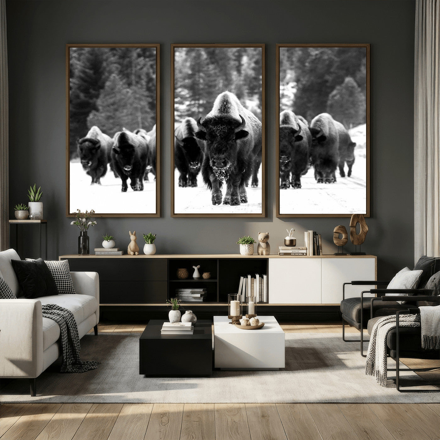 62434-MGV-CV-36X24 - Bison Herd in Snow Wall Art Canvas Print | Rustic Western Bison Wall Art for Decor for Living Room